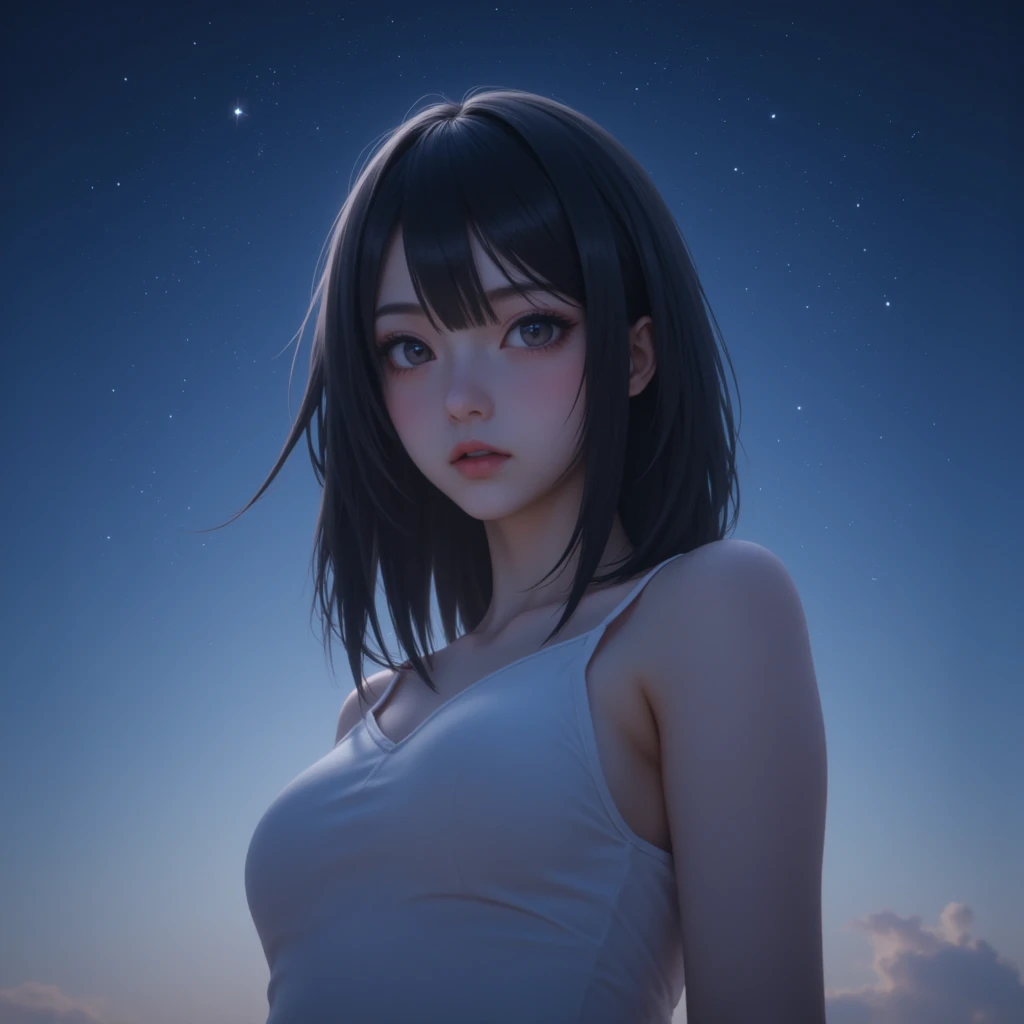 detailed eyes ,huge breasts , braided hairstyle , portrait , white t-shirt , black background , black hair , smile , black eyes , Calm posture