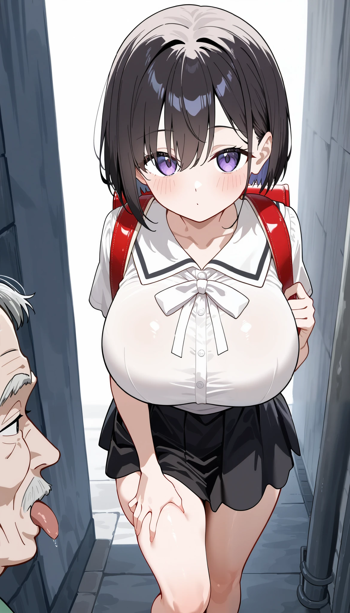 ((Table t○p, highest quality, Hi-Res Lucifer,Anime Screen Capture、Pixel perfect, 8k, Browsing Caution)))、(((Chubby)))、Glasses、Perfect Anatomy、(((Shirt lift)))、(((Swollen nipples、Huge breasts、Wide Hips、Wide ass、Wet、Place your hands behind your head、Armpits、Skirt flip)))、(Short Hair)、(((school uniform、White sleeveless shirt、Black mini skirt、Blue panties)))、Sweat, vapor,(Red eyes)、((Black Hair)),  ((((surprised、blush、Embarrassing))))、(Dark back alley)、