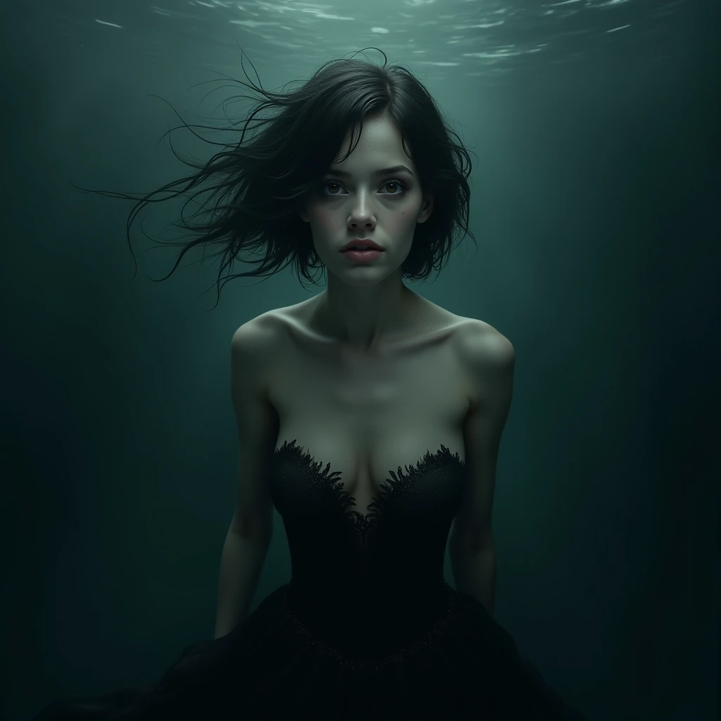 A beautiful brunette woman, being eaten by piranhas