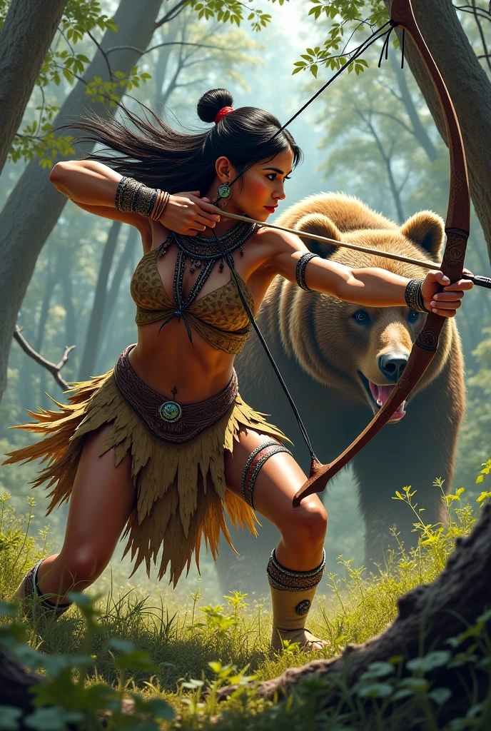 A fierce-looking woman, dressed in tribal attire, sprints through tall grass while holding a spear. Behind her, a large, growling bear charges forward, its mouth open and teeth bared. The setting is a dynamic, outdoor arena filled with golden grass and subtle hints of a forest backdrop, conveying a sense of imminent danger and action.