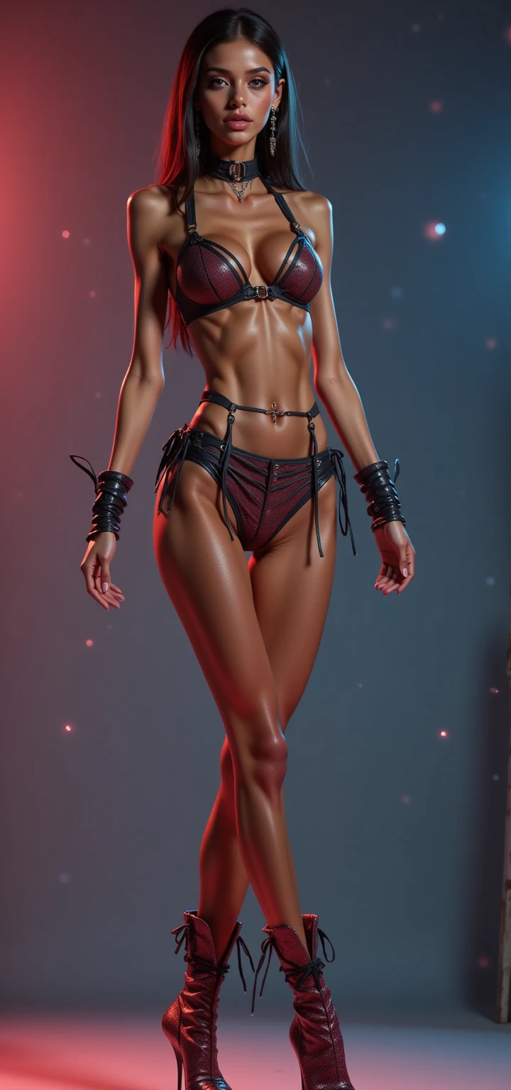 (full body shot, slim waist, body:1.4), a young beautiful 1 girl, hyper realistic, highly detailed face, beautiful detailed eyes, beautiful detailed lips, flawless shiny skin, heavy e-girl style makeup, revealing outfit, posed provocatively, studio lighting, photorealistic, masterpiece, 8k, best quality, ultra-detailed, well lit, super tight spandex shorts, thigh high socks
