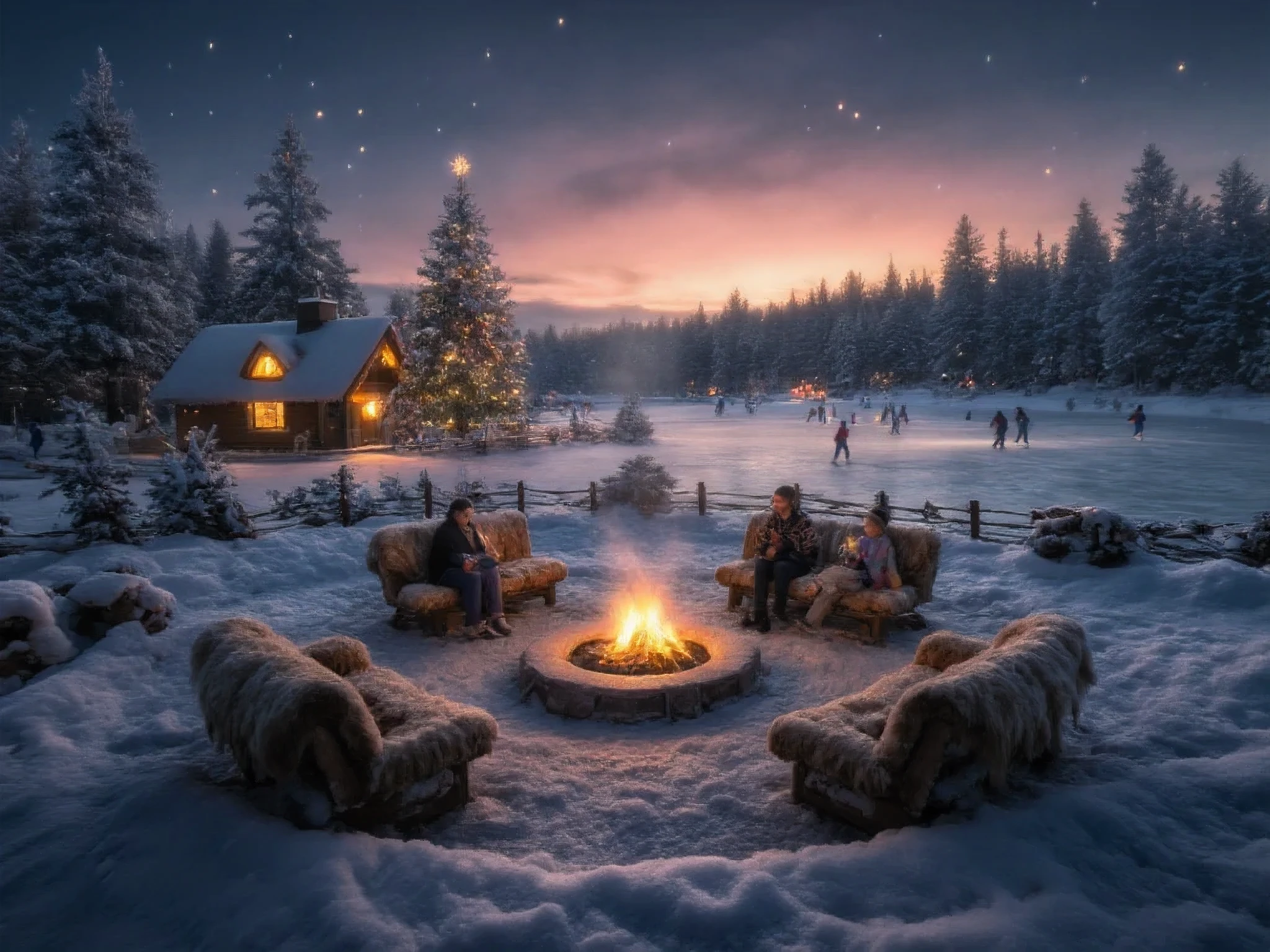 A stunning twilight winter village nestled in a snowy forest, radiating warmth and magic. The centerpiece is a glowing outdoor fireplace surrounded by fur-draped benches, where families sip steaming cocoa. A cozy frost-covered cottage glows warmly nearby, its chimney puffing soft smoke. Behind, a frozen lake buzzes with joyful ren ice skate while a majestic Christmas tree sparkles with ornaments and lights. Falling snowflakes, frosted pine trees adorned with fairy lights. The composition balances soft, cozy light with the crisp, icy beauty of winter, creating a rich, dreamlike atmosphere. High-quality digital painting, vibrant color contrasts, intricate textures.