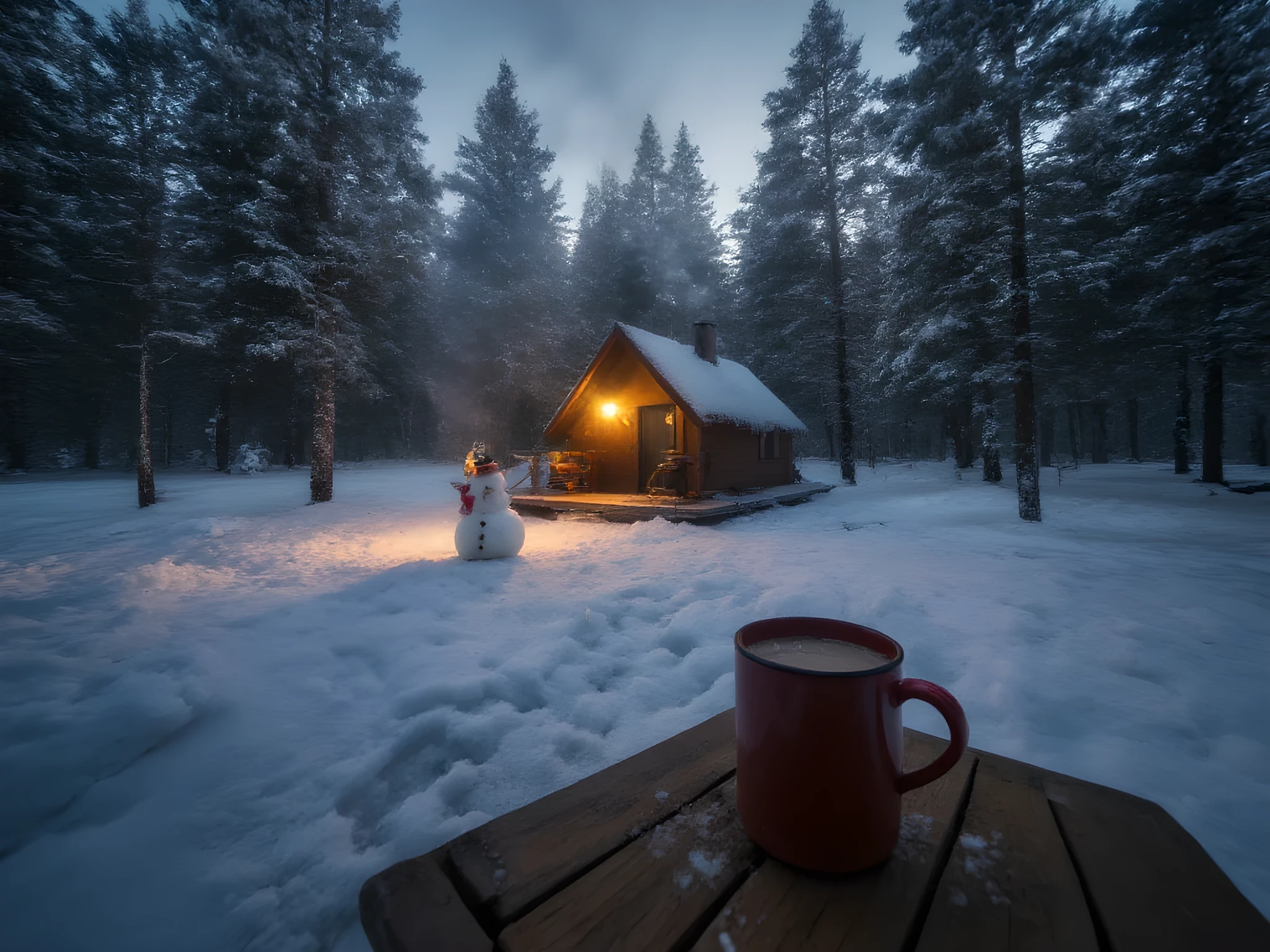 A snowy forest clearing with a small, cozy cabin glowing softly from within. A snowman stands outside, surrounded by fresh snow, while smoke rises gently from the chimney. Inside the cabin, a crackling fireplace and a mug of hot cocoa on a wooden table create a warm, festive atmosphere.