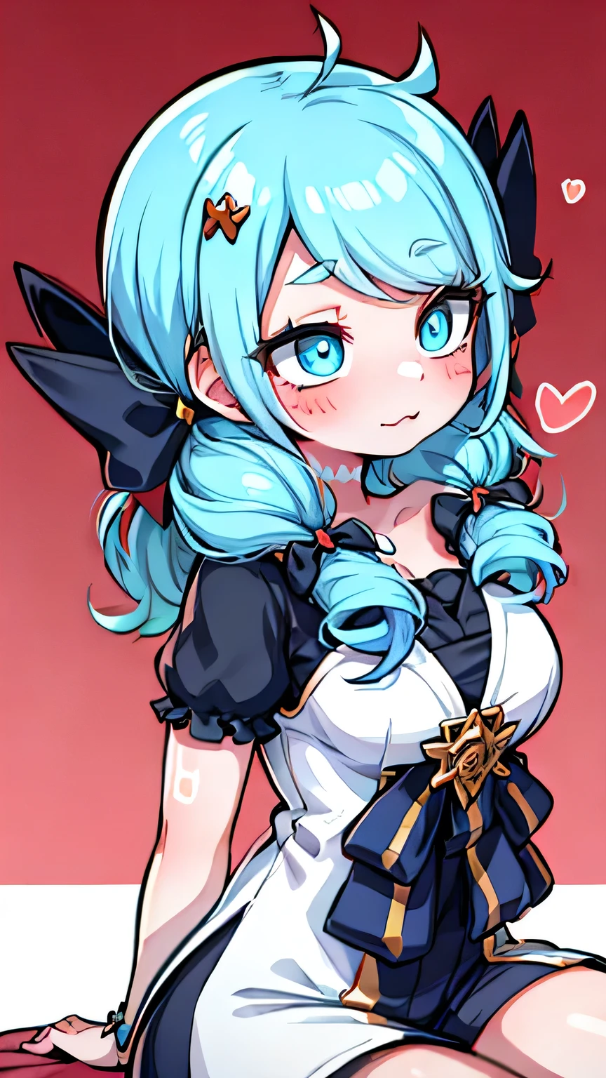Gwen,White border on red background，sitting down，Back view，Blush stickers，Long curly blue hair，dual horsetail，Huge bows on the sides of the hair，D-cups，ahegao，White top，Hell Whisperer style,Love background，Fleshy thighs，highly rendered，detailed face with
