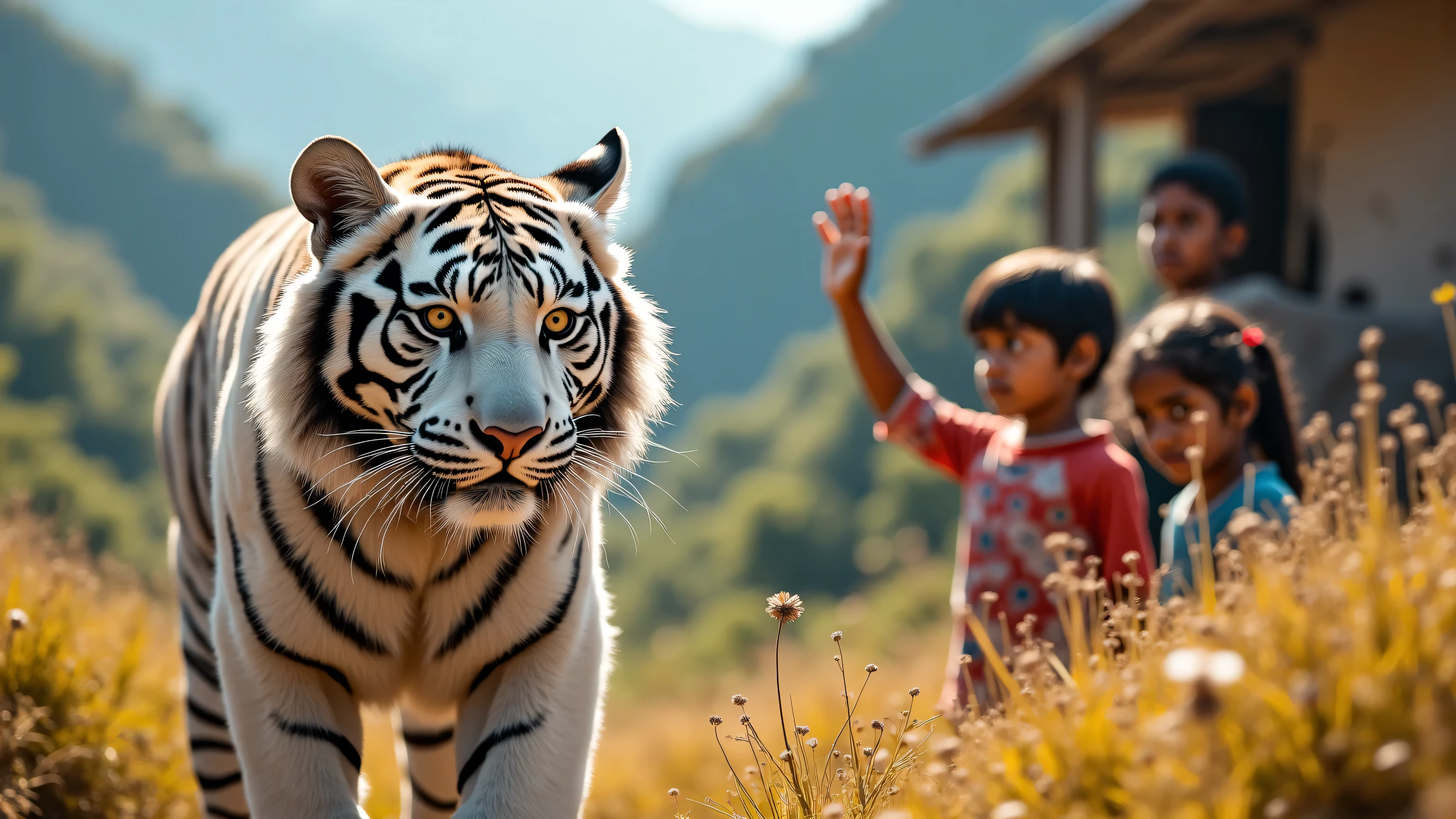 A very realistic photo of an Indian boy with straight hair crying, lost in the jungle, with a white tiger looking on concerned.