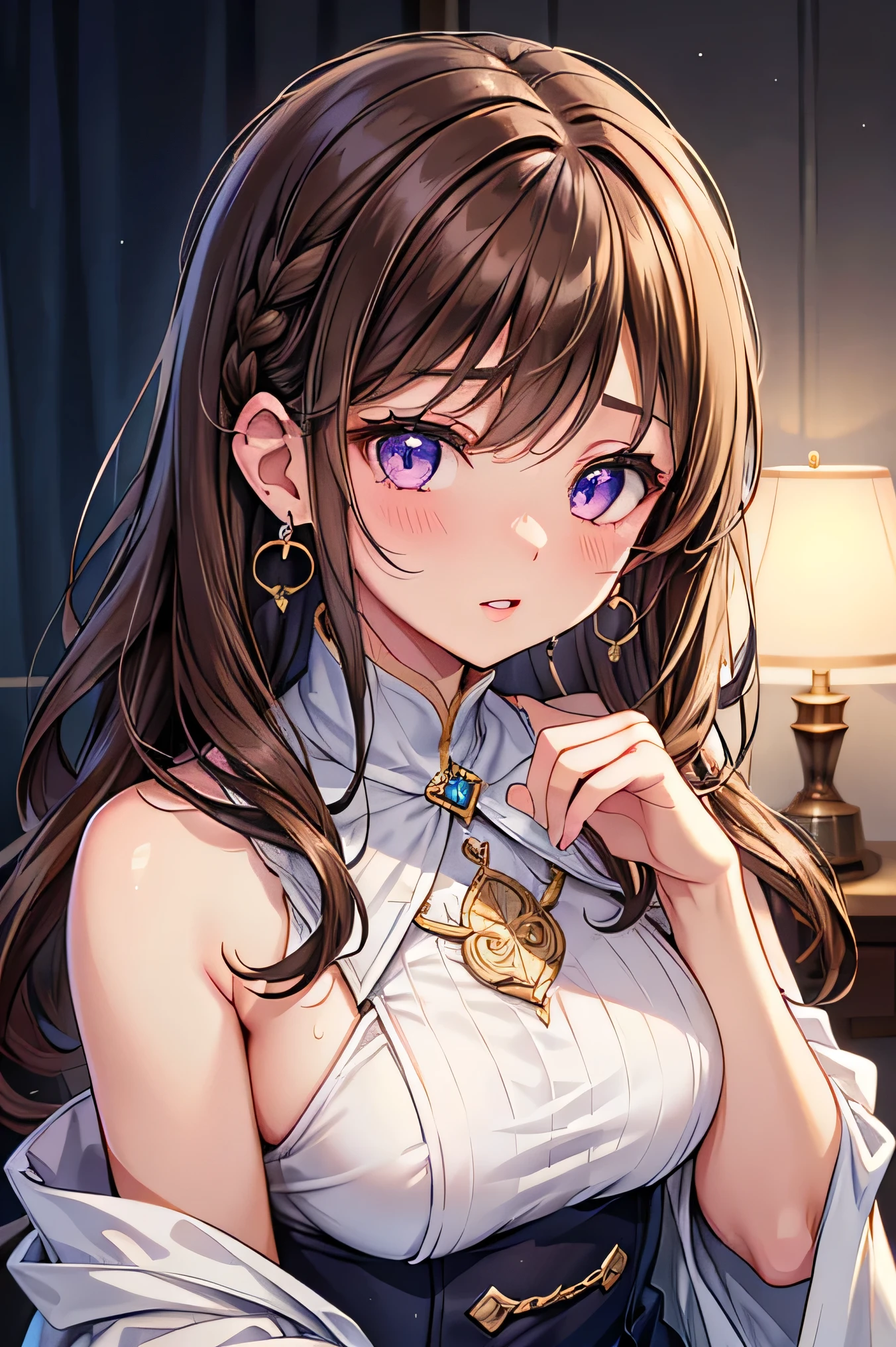Anime girl with long brown hair and blue eyes wearing a white shirt ...