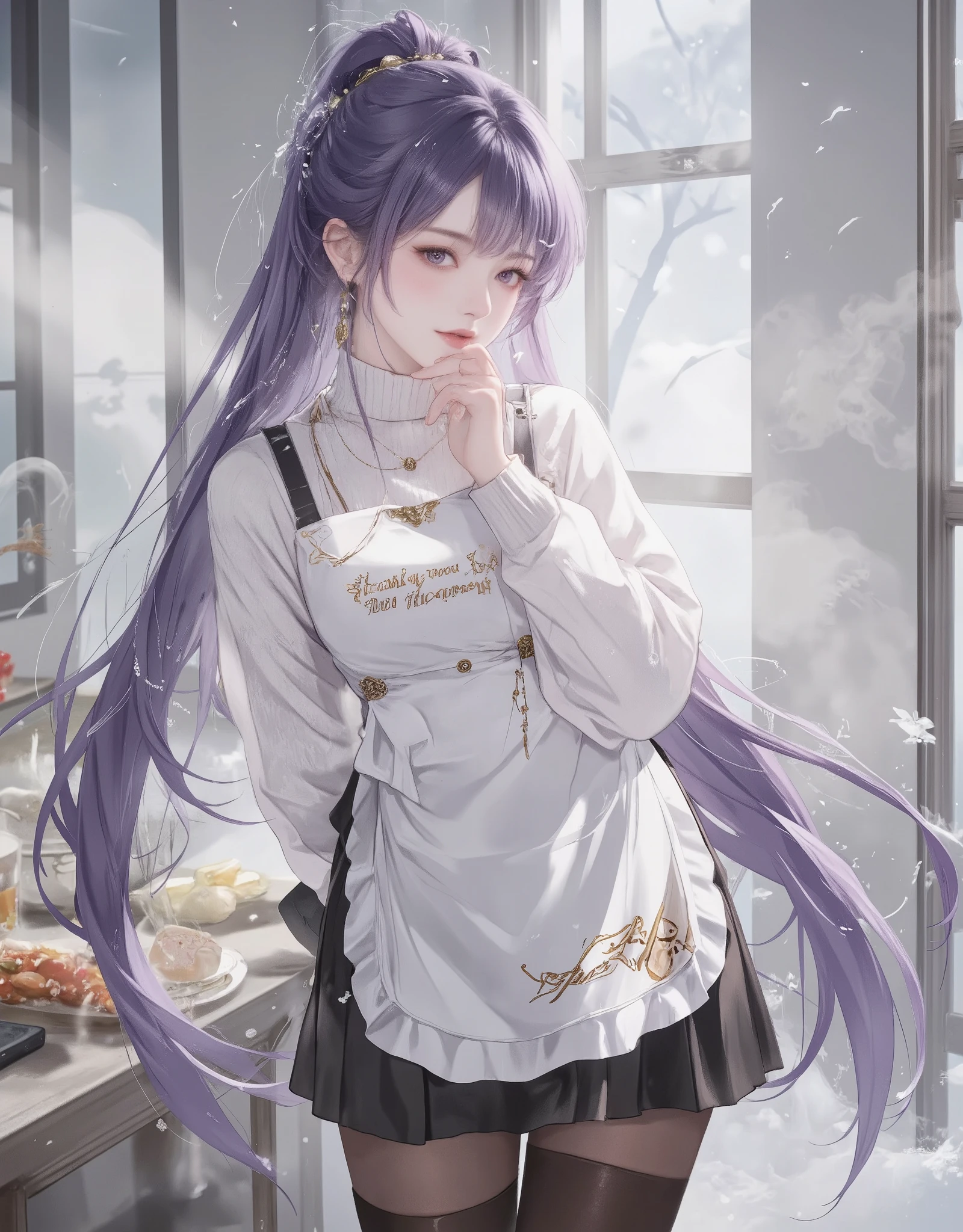 (masterpiece, top quality, best quality, official art, beautiful and aesthetic:1.2),(8k, best quality, masterpiece:1.2), (((masterpiece))),(((best quality))),(((extremely detailed))),illustration, who, (masterpiece, top quality, best quality, official art, beautiful and aesthetic:1.2),(8k, best quality, masterpiece:1.2), masterpiece, best quality, illustration, highres, ultra-detailed, 1girl, raiden shogun \(genshin impact\), 1girl, solo, pantyhose, long hair, apron, winter smoke, blush, looking at viewer, sweater, purle eyes, ponytail, turtleneck, arms behind back, purple hair, closed mouth, long sleeves, white sweater, turtleneck sweater, thighband pantyhose, black pantyhose, skirt, cowboy shot, brown pantyhose, indoors, very long hair, white hair, hair intakes, apron text "Thank you for 100 followers",