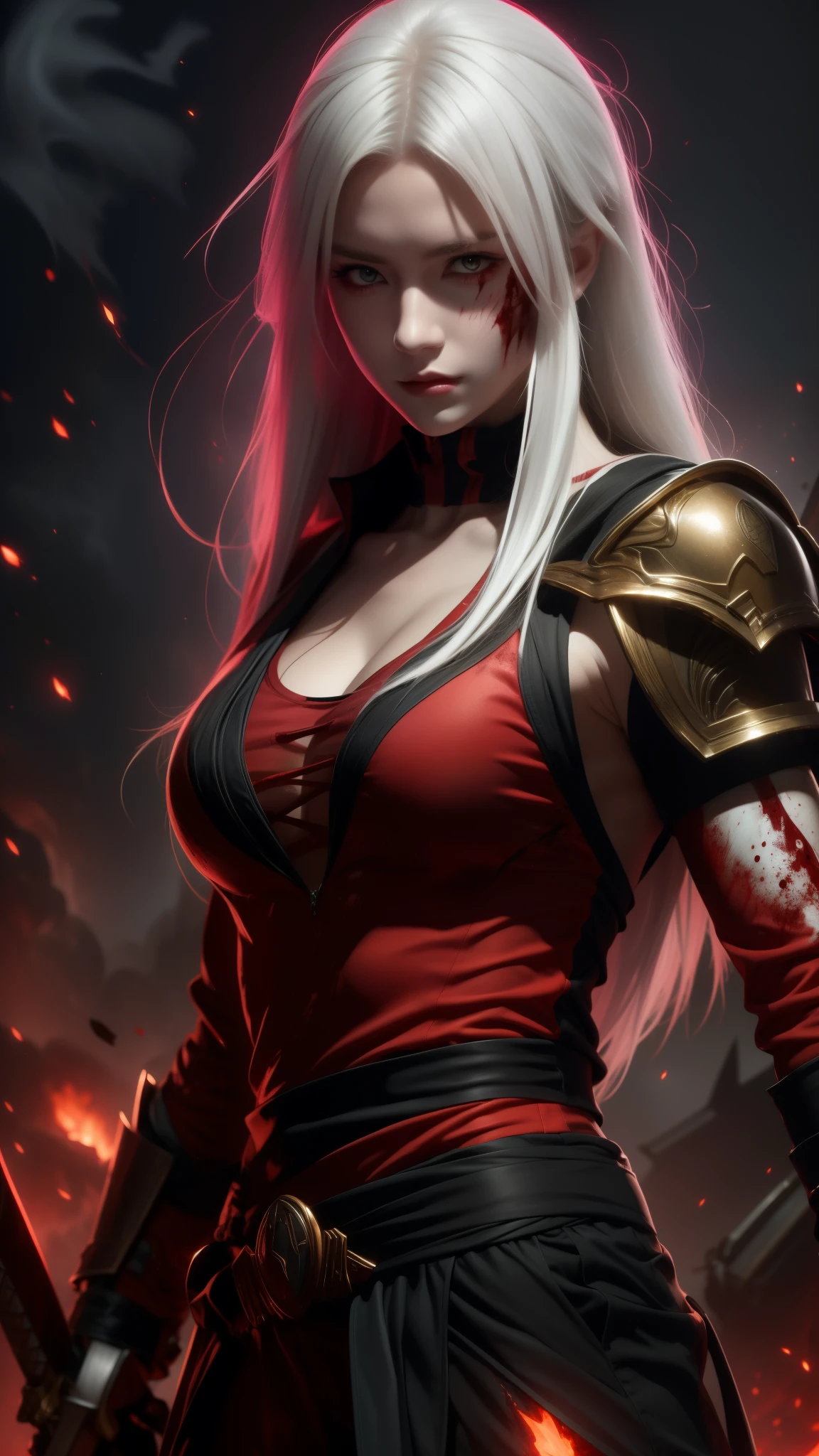 White-haired woman, terrifying appearance, with a katana and a shield, red eyes, on a battlefield covered in blood, wearing Spartan clothes, with a scar on her left eye