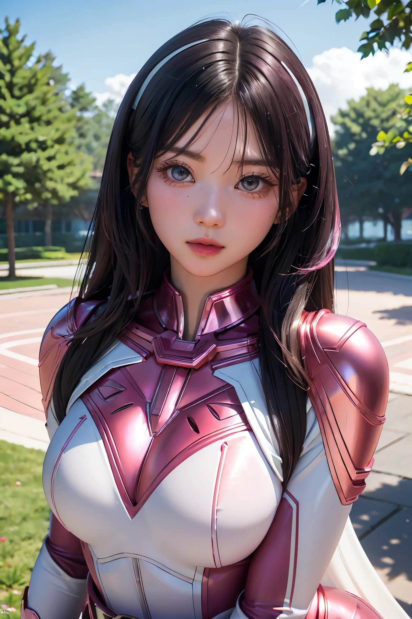 ((PinkRanger, EnakoV1)), 1girl, A beautiful 20 years old Japanese girl, Angelic, cute face,
Beautiful detailed eyes,
(Large eyes:1.3),long eyelashes,
see-through bangs,
(beautiful detailed face and eyes:1.4),
Beautiful short dark hair, beautiful smile,
(Best Quality:1.2),
Raw photo,
High resolution,
perfect detail,
Professional Photography,
Professional Lighting, (Metallic coral magenta and White Hero Suit:1.3), Ultra-tight fit bodysuit, Belt, Huge breasts, Beautiful legs, Strong lighting of the bodysuit,in the park, sexy figure:1.2, half body portrait