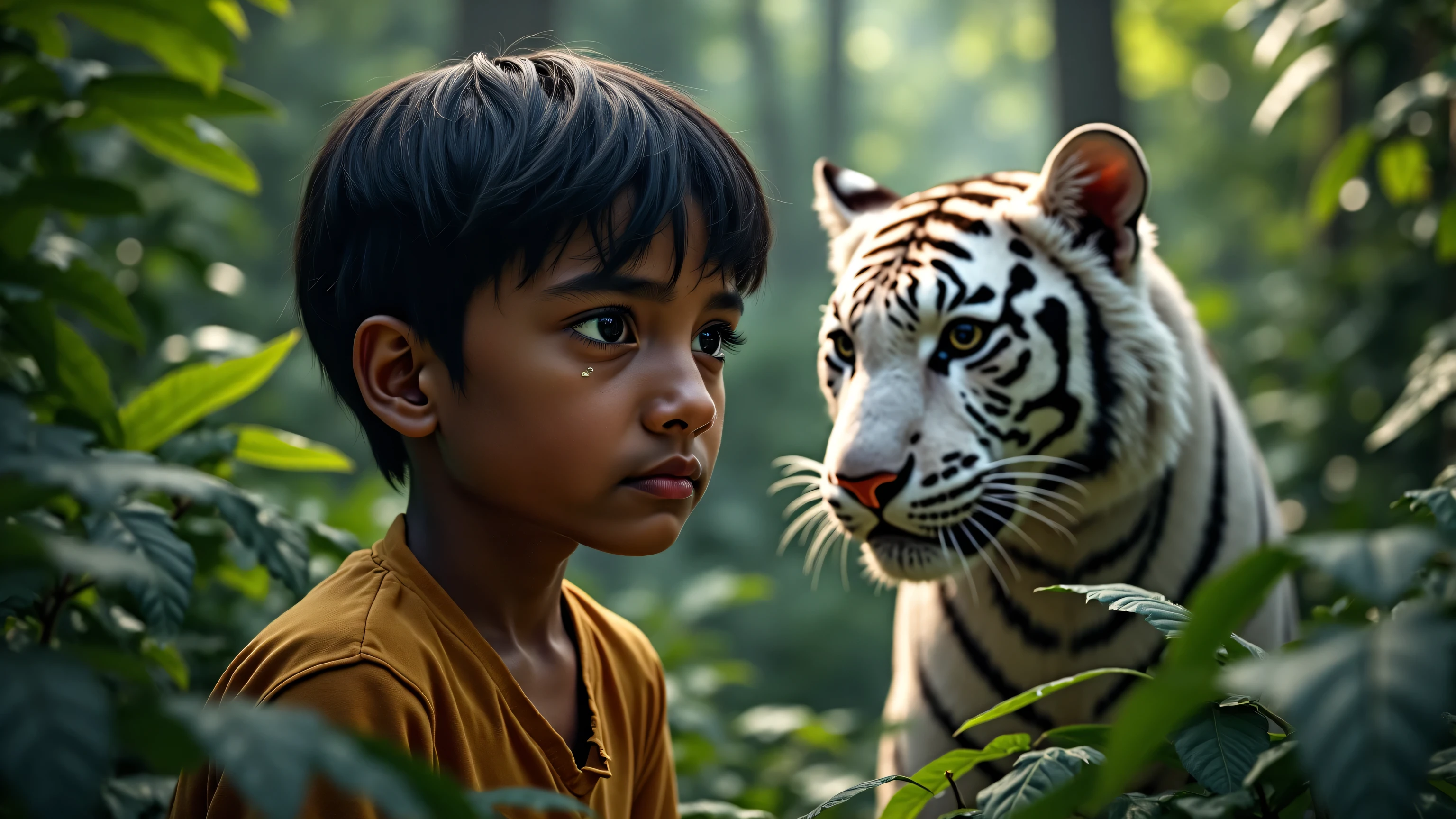 A very realistic photo of an Indian boy with straight hair crying, lost in the jungle, with a white tiger looking on concerned.