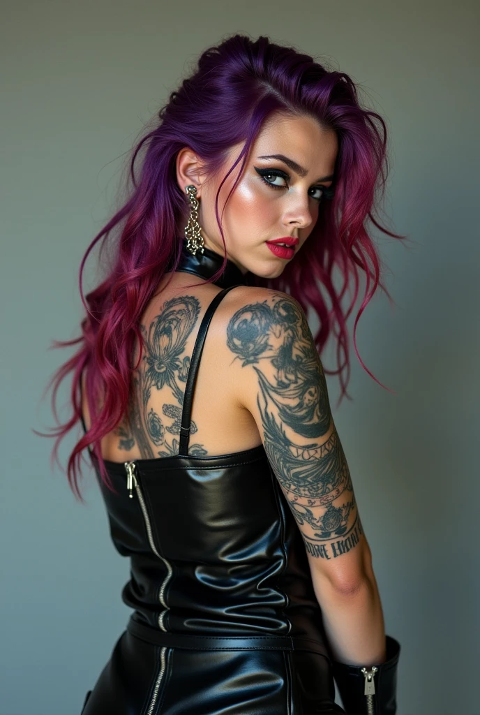Hyper-photoréaliste, une jeune femme saine de 25 ans, cheveux mauves et rouges mi-longs, belle silhouette portant une courte robe punk noire en cuir et des bottes à talons hauts, maquillage foncé smoky eyes, elle porte un septum au nez relié d'une boucle a son oreille droite par une chaine. Elle porte plusieurs tatouages sur le corps