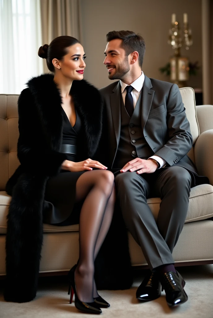 they are sitting on a couch together in a fancy setting, elegant seducing pose, an elegant couple, silk stockings, romance novel cover, dressed in black velvet, portrait shot, velvet stockings, black velvet, gothic romance, wearing black silk robes, darius zawadzki and tom bagshaw, elegant glamor pose, by Wayne England, by Galen Dara