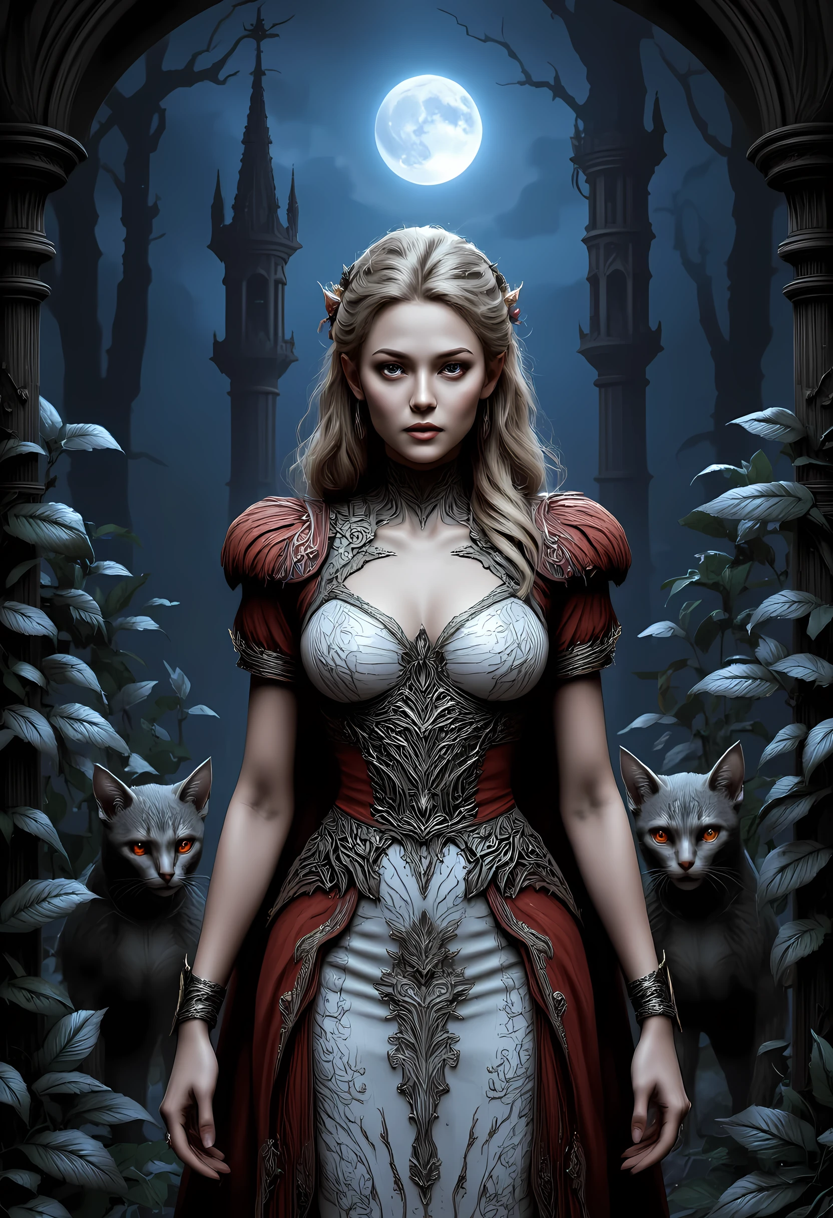 a picture of elf vampire in her castle and her pet epic cat an exquisite beautiful female elf (ultra details, Masterpiece, best quality), blond hair, pale skin, hair in a ponytail, long hair, blue eyes, smirking, wearing white dress (ultra details, Masterpiece, best quality), red cloak, in dark fantasy forest at night, with a ((cat: 1.3)) (ultra details, Masterpiece, best quality: 1.5) the cat has red glowing eyes, dark trees, the moon is high in the sky, est anatomy, high details, best quality, 16k, [ultra detailed], masterpiece, best quality, (extremely detailed), close up, ultra wide shot, photorealistic, RAW, fantasy art, dnd art, fantasy art, realistic art,((best quality)), ((masterpiece)), (detailed), perfect face, RAW, dark fantasy art, gothic art, hyp3rd3tail style, dark art movement style, aidmaDarkfantasy