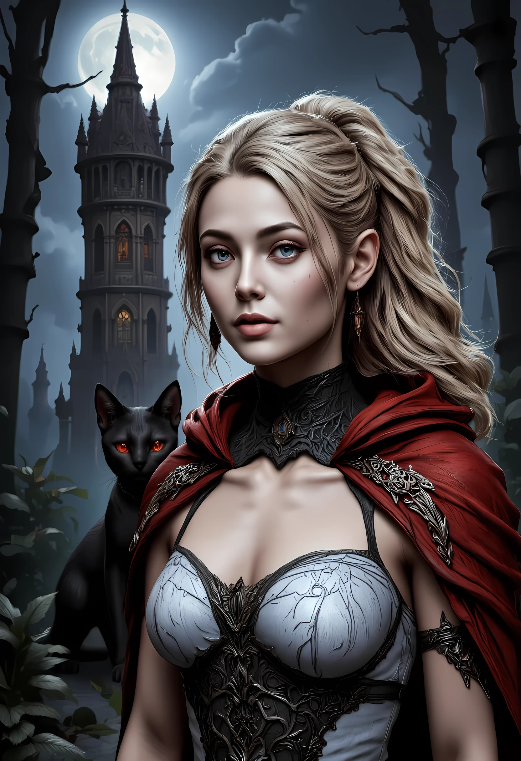 a picture of elf vampire in her castle and her pet epic cat an exquisite beautiful female elf (ultra details, Masterpiece, best quality), blond hair, pale skin, hair in a ponytail, long hair, blue eyes, smirking, wearing white dress (ultra details, Masterpiece, best quality), red cloak, in dark fantasy forest at night, with a ((cat: 1.3)) (ultra details, Masterpiece, best quality: 1.5) the cat has red glowing eyes, dark trees, the moon is high in the sky, est anatomy, high details, best quality, 16k, [ultra detailed], masterpiece, best quality, (extremely detailed), close up, ultra wide shot, photorealistic, RAW, fantasy art, dnd art, fantasy art, realistic art,((best quality)), ((masterpiece)), (detailed), perfect face, RAW, dark fantasy art, gothic art, hyp3rd3tail style, dark art movement style, aidmaDarkfantasy