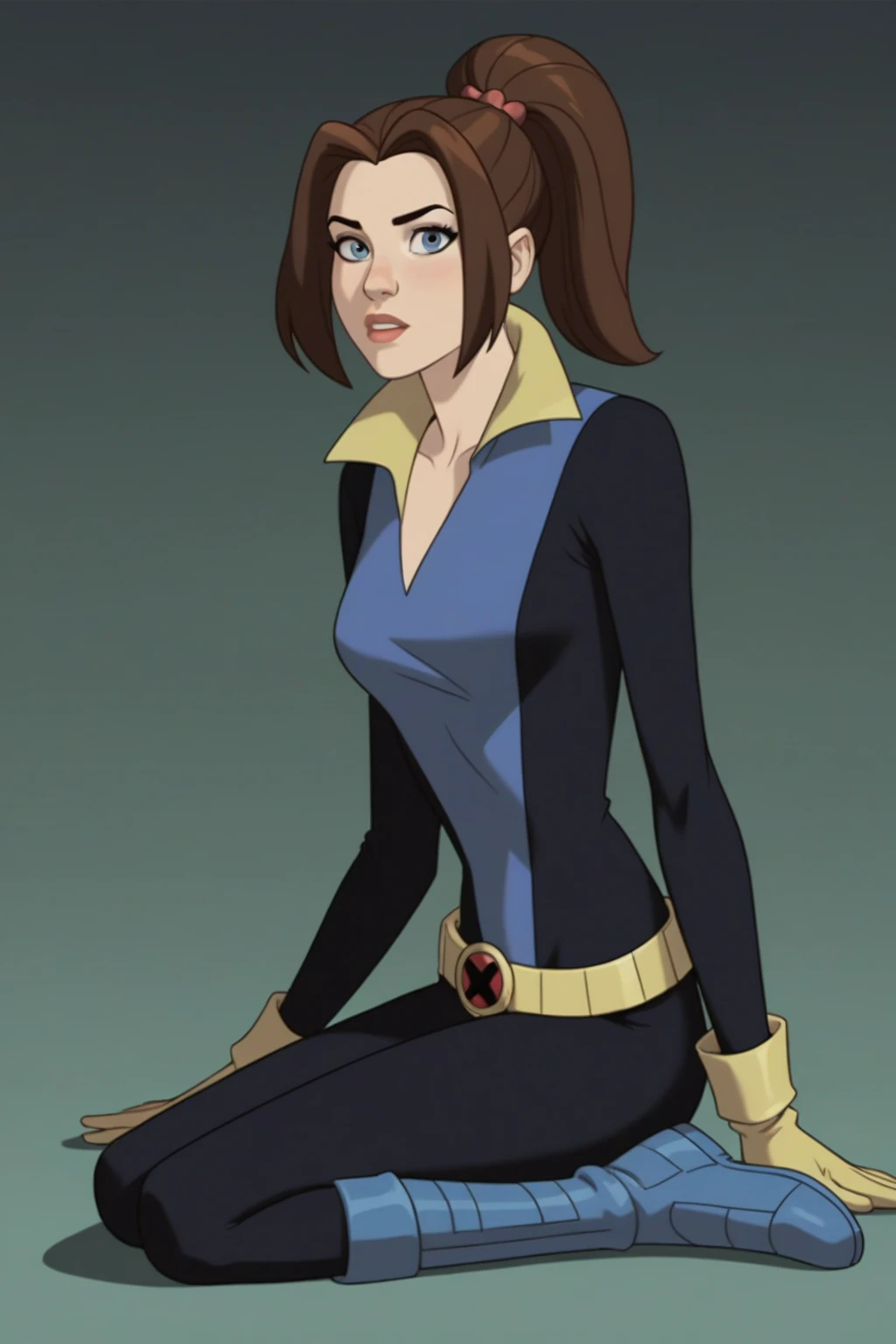 ((Full body photo, standing, on the floor)) KittyPryde_Shadowcat_ownwaifu, 1girl, brown hair, ponytail, lipstick, blue eyes, makeup, hair ornament, red lips, long hair, breasts, high ponytail, hair bobbles, medium breasts, gloves, belt, bodysuit, yellow gloves, absurdres, ultra detailed, masterpiece, best quality, aesthetic, detailed,