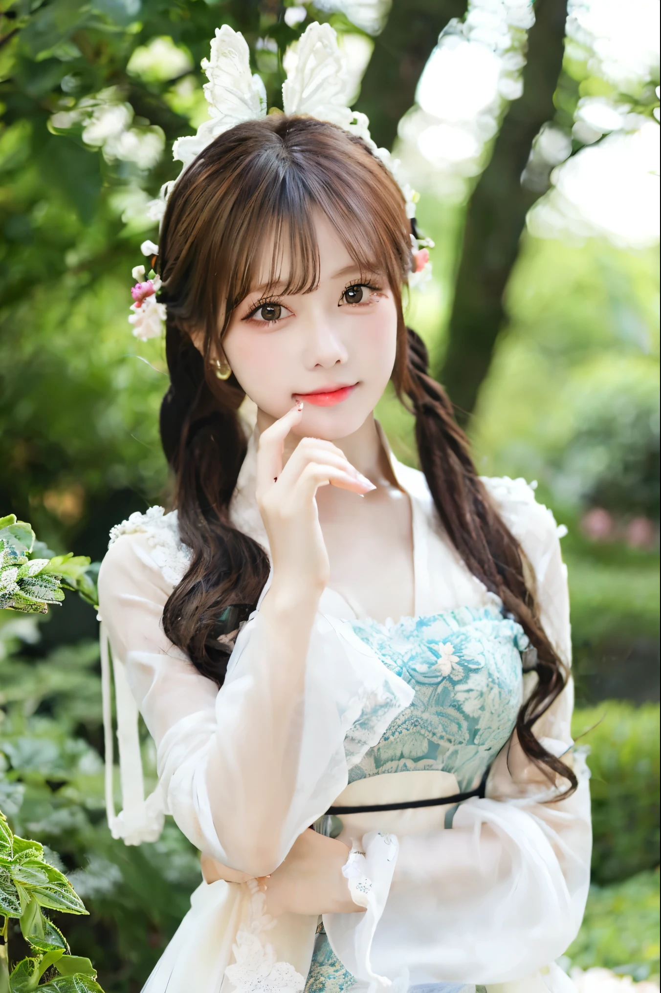 blue ru_swarm,Best_quality,Head,Original_Outfit,Hanfu,Clear details,Masterpiece, Best_quality, Clear details,1girll,Garden background,, Butterfly on the finger,Blue eyes,White hair,Long hair,Big eyes,White stockings