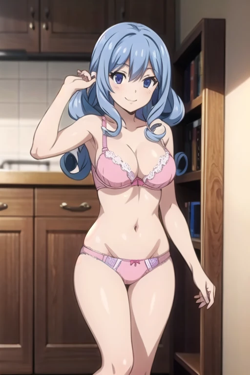(extremely detailed CG unity 8k wallpaper), (masterpiece), (best quality), (ultra-detailed), (best illustration), (best shadow), (absurdres), 1girl, solo, pefrect face, perfect eyes, shining breasts, close the camera perky tits, vivid colors, cleavage, vivid, mediumbreasts, twin braids, long hair, blue hair, blue eyes, seductive smile, turquoise lace bra, turquoise lace panties, turquoise lingerie, cameltoe, no clothes, only lingerie