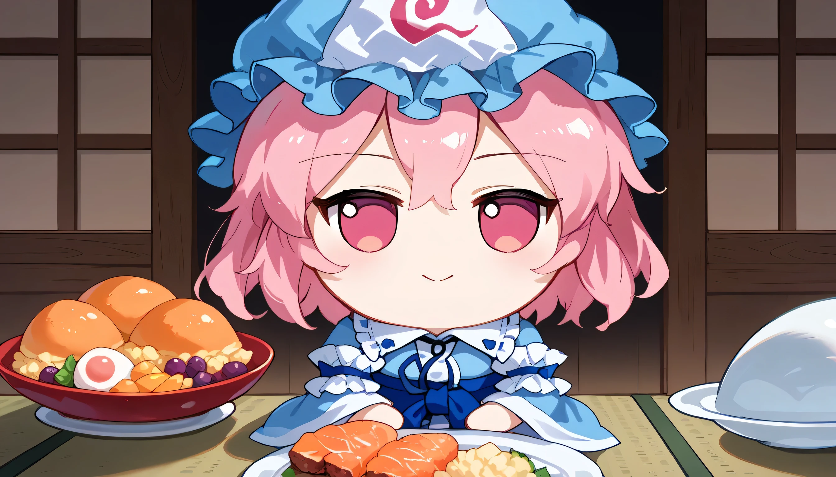 fumo \(doll\), chibi, sitting,with many plates of food, yuyuko, 1girl, solo, pink hair, short hair, pink eyes, bangs, hair between eyes, skinny, 
ribbon, sash, blue kimono, hat, japanese clothes, kimono, long sleeves, mob cap, triangular headpiece, wide sleeves,