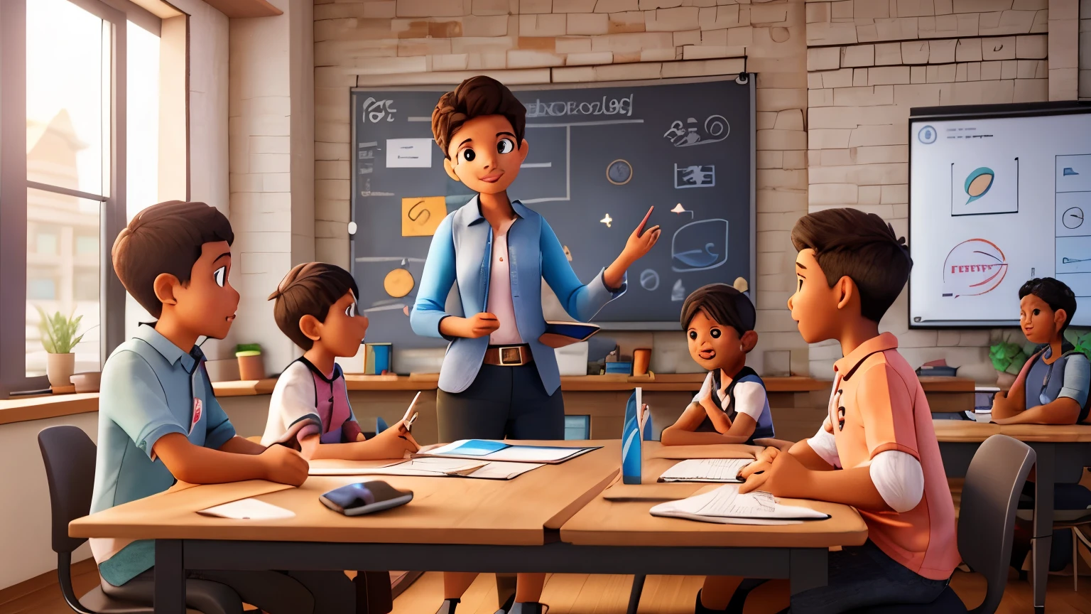 There are many children sitting at a table in a classroom - SeaArt AI