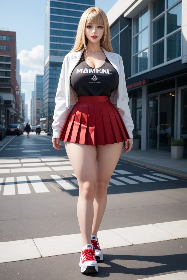 Beautiful Arabian sexy woman with chubby and beautiful body. She has silver white dyed hair, beautifully long and weavy, has deep light brown colored eyes, and wears make up. She is dressed with a sexy red skirt and a fitness tank top. Standing in a street corner, with a sexy pose.