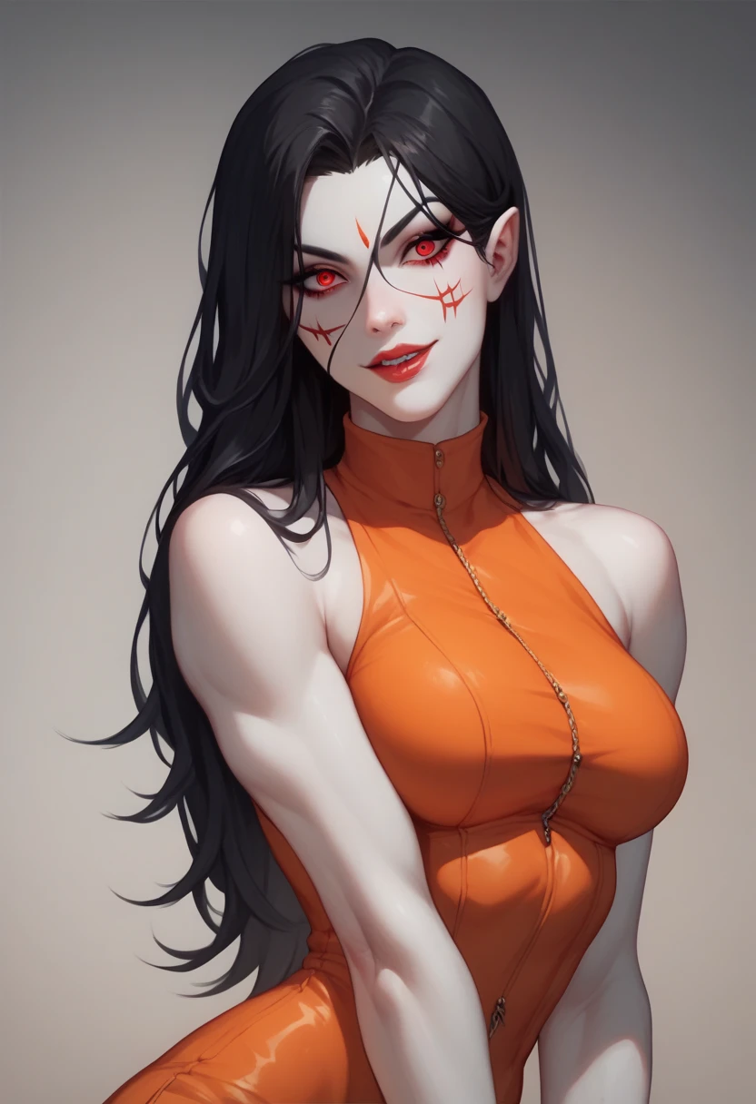 TheSpirit ,((blue skin)),green eyes, solo, upper body, blush, embarrassed, SpiScho, black Long hair,(insanely detailed, beautiful detailed face, masterpiece, best quality), small breast, black stockings, wide hip, huge hip, thighhighs, micro skirt, crop top, underboobs, big ass