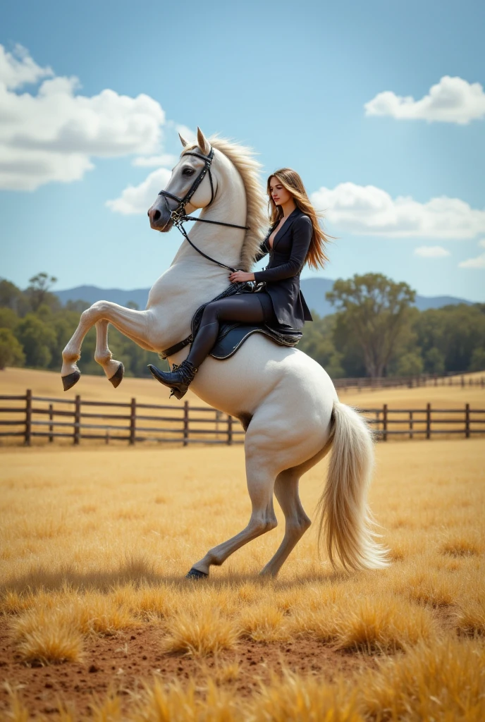 A breathtaking scene featuring Olivia Rose, a 30-year-old Australian Instagram model. She has waist-length chocolate brown ombré hair with blonde highlights and long brown roots, styled in soft waves flowing over her shoulders. She wears a sleek black equestrian outfit consisting of a tailored riding jacket, form-fitting breeches, and polished riding boots. Her expression is confident and focused as she rides a stunning white Arabian horse, which is dramatically rearing on its hind legs.
The horse’s details include a glossy white coat that gleams in the sunlight, a flowing mane and tail, and a proud, muscular build. The reins are intricately detailed with silver accents, complementing the horse’s elegant tack.
The background depicts a sprawling Australian ranch with:
• A golden sunlit field dotted with patches of greenery.
• A wooden fence surrounding the area.
• A bright blue sky with soft, wispy clouds.
The camera settings are:
• Wide-angle lens to capture the full motion of the horse and Olivia.
• Low-angle perspective to emphasize the power of the horse’s rearing stance and Olivia’s commanding presence.
• Natural lighting with the sun positioned behind the horse to create a soft halo effect.
• Shallow depth of field to keep Olivia and the horse in sharp focus while gently blurring the ranch backdrop.
The art style is hyper-realistic, with meticulous attention to detail in the textures of Olivia’s outfit, the horse’s coat, and the interplay of light and shadow.