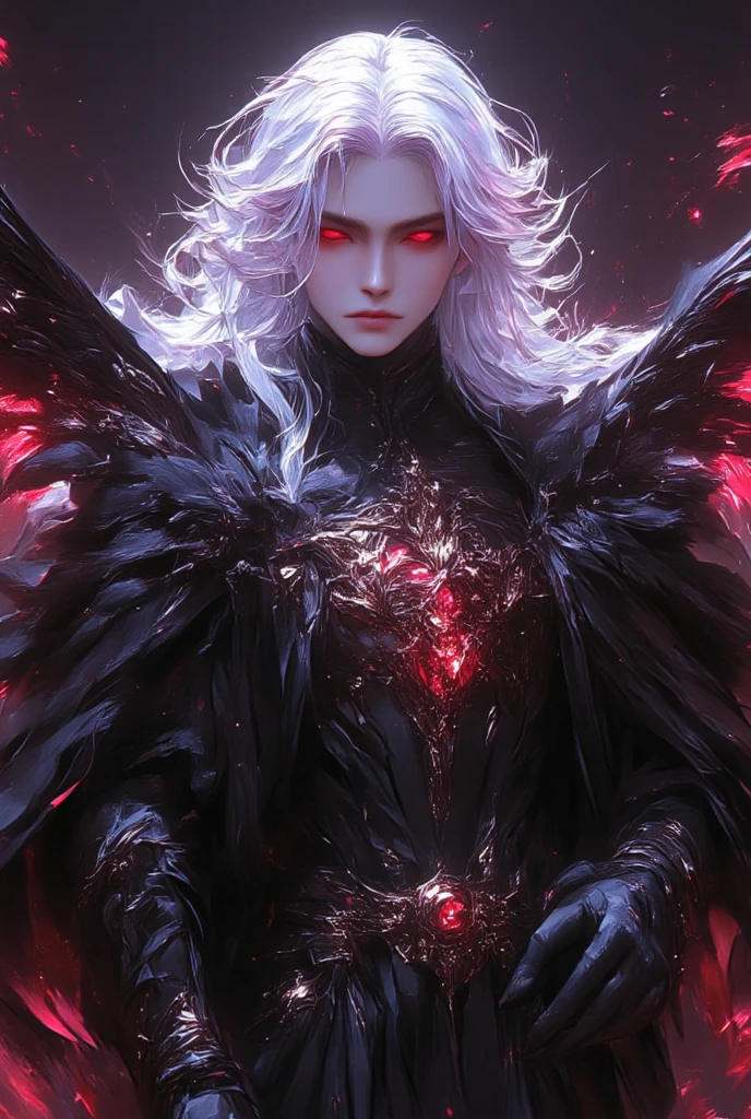 absurdres, Anime style, fantasy-style Victorian elegance in anime style, 1 man, male, fit body, 6 feet tall, Hairstyle similar to Tamaki's, Long silver white shiny floating hair that reaches his back, piercing red glowing eyes, detailed eyes, peerless beauty, godlike, perfect physique, perfect jawline, perfect lips, perfectly sculpted face, flawless pale white skin, No blush on face, the most handsome man in the world, dignified visage, exudes a regal and refined aura. Wearing a full body covering futuristic black exosuit with futuristic visor and black wings on the back. Battlefield atmosphere, calm and serene facial feature, standing in an upright posture with dark red aura swirling peacefully around his body. exquisite and mature manga art style, best quality, highres, ultra-detailed, ultra-fine painting, professional, anatomically correct, symmetrical face, extremely detailed eyes and face, high quality eyes, creativity, RAW photo, UHD, 8k, natural light, cinematic lighting, masterpiece--perfect, masterpiece. normal pose. different pose. Full body shot. upper body shot.