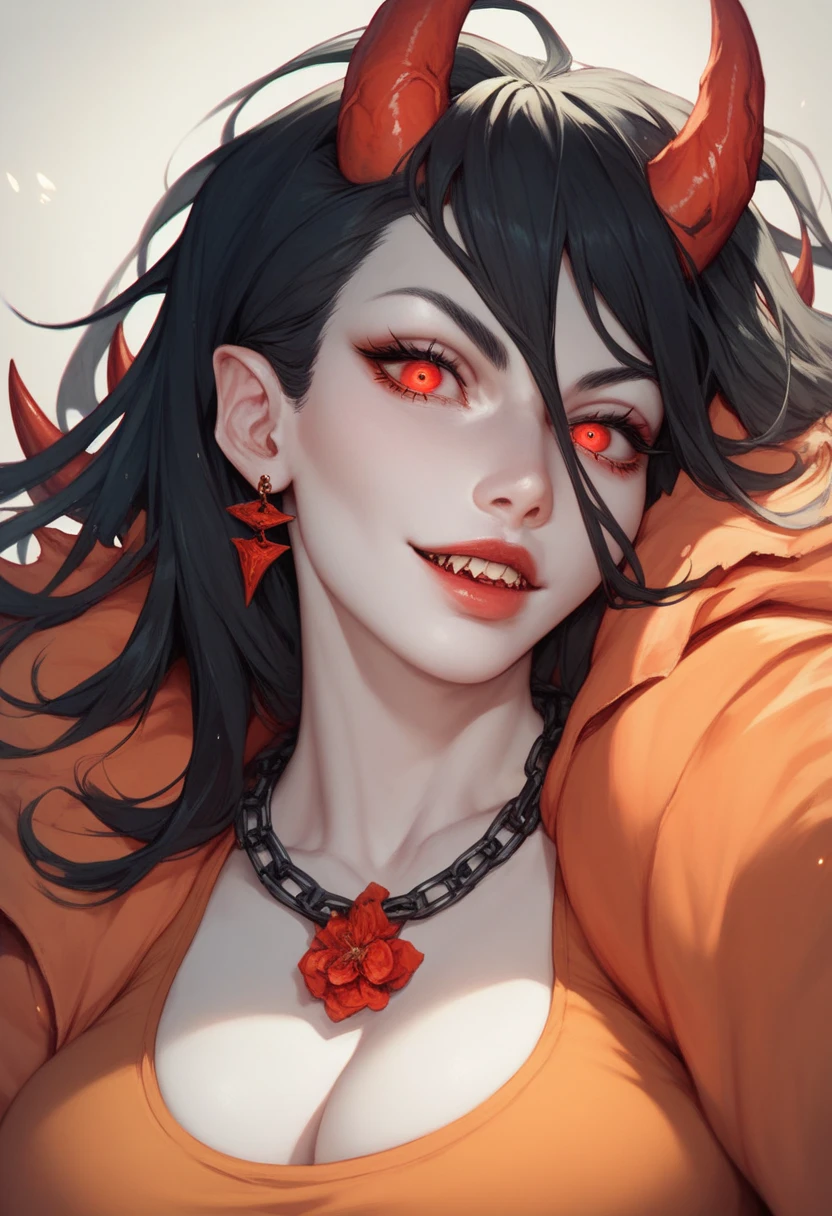 ((highest quality)), ((masterpiece)), (be familiar with),One female,Black Hair,Red eyes,Black Dress,Chest tattoo, Bewitching Smile,Heel,Black Hair,Hair tied around the neck,Red shawl,Erect nipples,(whole body),Slanted Eyes
