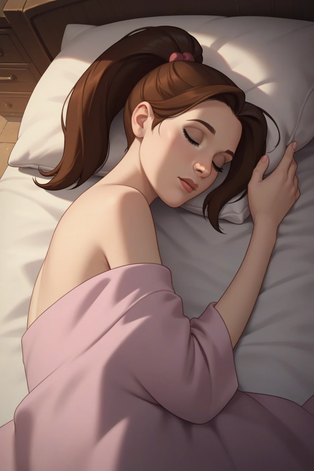 Sleeping girl, 22 years old, realistic, she is wearing pink long pajama, brown hair.