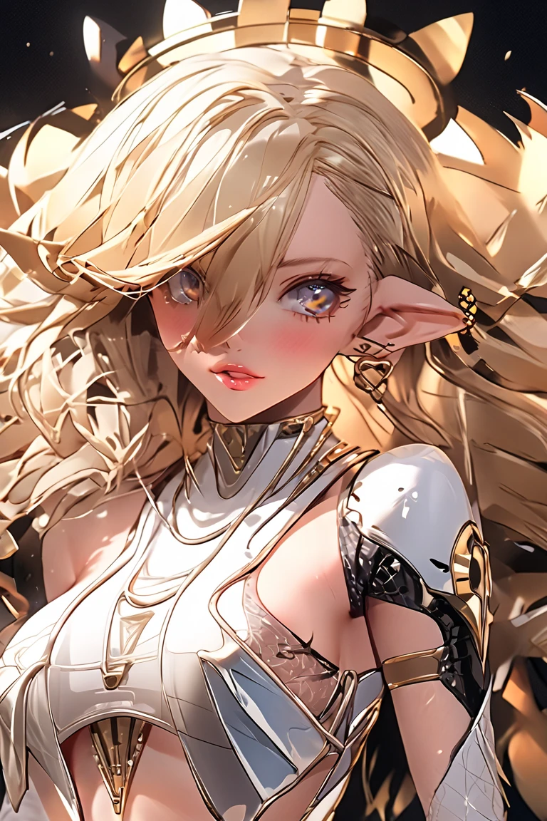 Please follow all prompts below exactly and faithfully. This is a breathtaking masterpiece of digital illustration, with maximum resolution, UHD, 512K, 2160p, 10 million ppi, 300 million dpi, natural color tones, ultra sharp details, perfect outlines with contrast, **most realistic skin and hair textures**, most beautiful detailed eye features, perfect anatomically correct human body, beautiful background with depth, rule of thirds, depth of field, Maximize all element is used to its full potential to create the best digital illustrations, A very sexy and beautiful woman with sharp features, a perfect body style with slim body and gravity-defying large breasts, beautiful green eyes, glossy short blonde hair, hair covering one eye, and glossy, thick lips with pink lipstick,