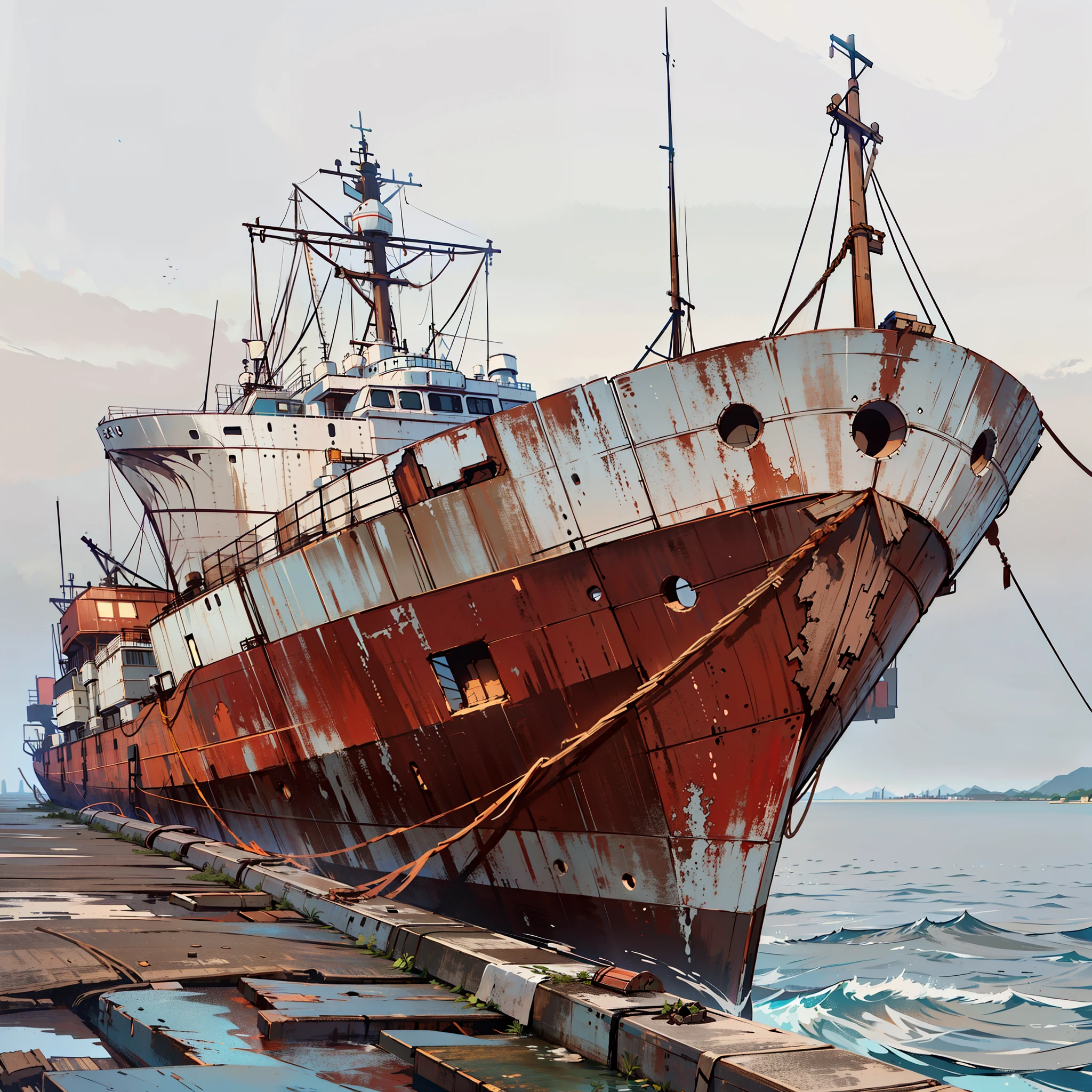 arafed ship docked in a harbor with a rope tied to it, old wooden ship, utilitarian cargo ship, portrait of a sunken ship, destroyed ship, water surrounds the ship, a ship lost in a storm, ship on lake, sunken ship, by Richard Carline, aleksander rostov, unusual composition, big graphic seiner ship
