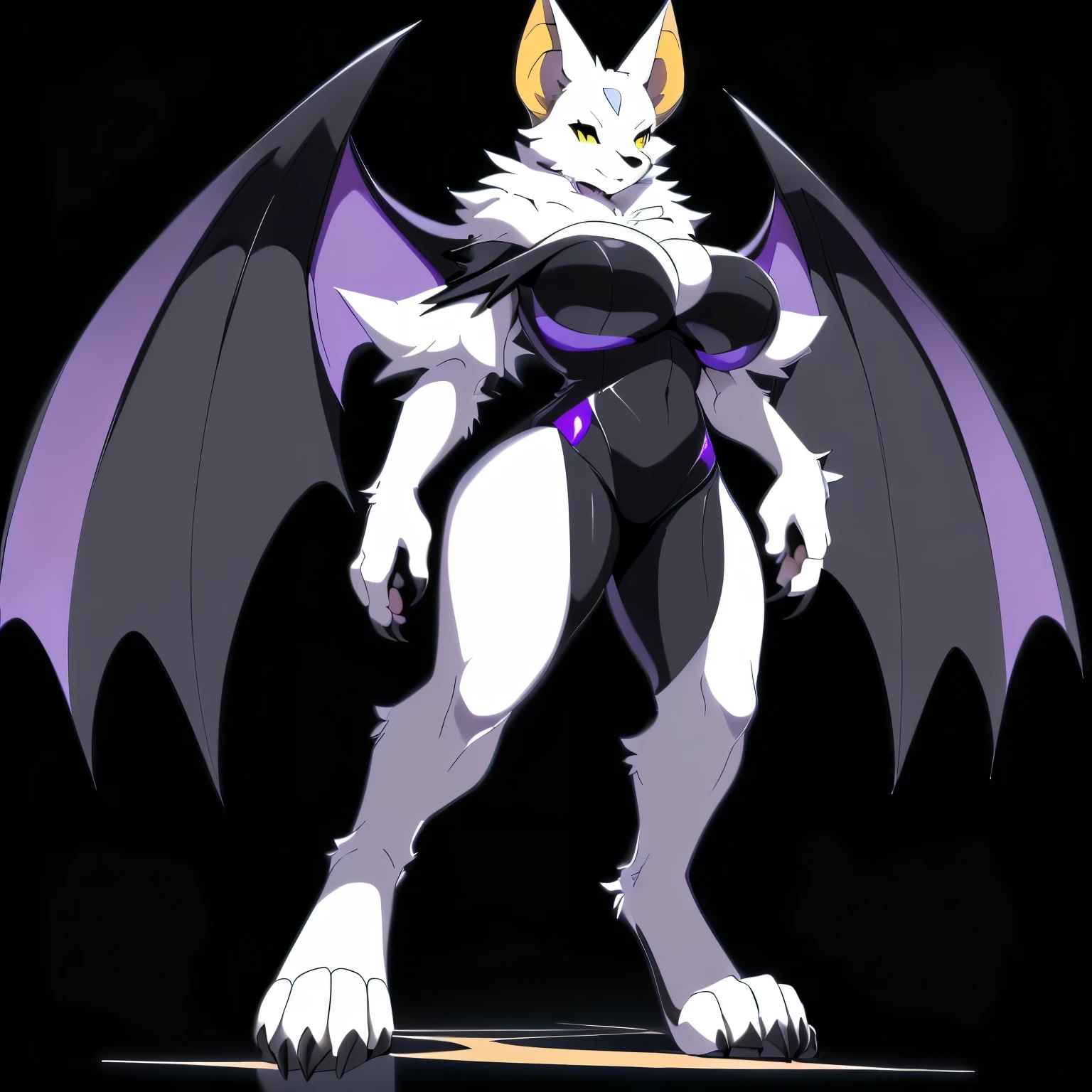 Anime, anime style, ((single person:2)), ((solo drawing:2)), ((solo:2)), ((sfw version:1.5)), ((Three-Quarter view)), ((resting pose)), ((plush build)), ((wearing a sexy outfit)), ((female Anthro bat)), ((Tall with large round breasts)), ((buxom figure)), ((white fur)), ((Single Pair of Wings)), ((Huge Bat Wings)), ((Purple and black Bat Wings:1.5)), ((white bat ears)), ((white face)), ((neutral expression)), vivid yellow eyes, ((digitigrade legs)), ((digitigrade feet)), ((solid black background)), highly detailed anime style, clean lines, white face, short white muzzle, white furry cheeks, white furry muzzle, ((white foot paws)), ((foot paws with four toes)), ((claws)), ((curvy white thighs)), ((adult aged))