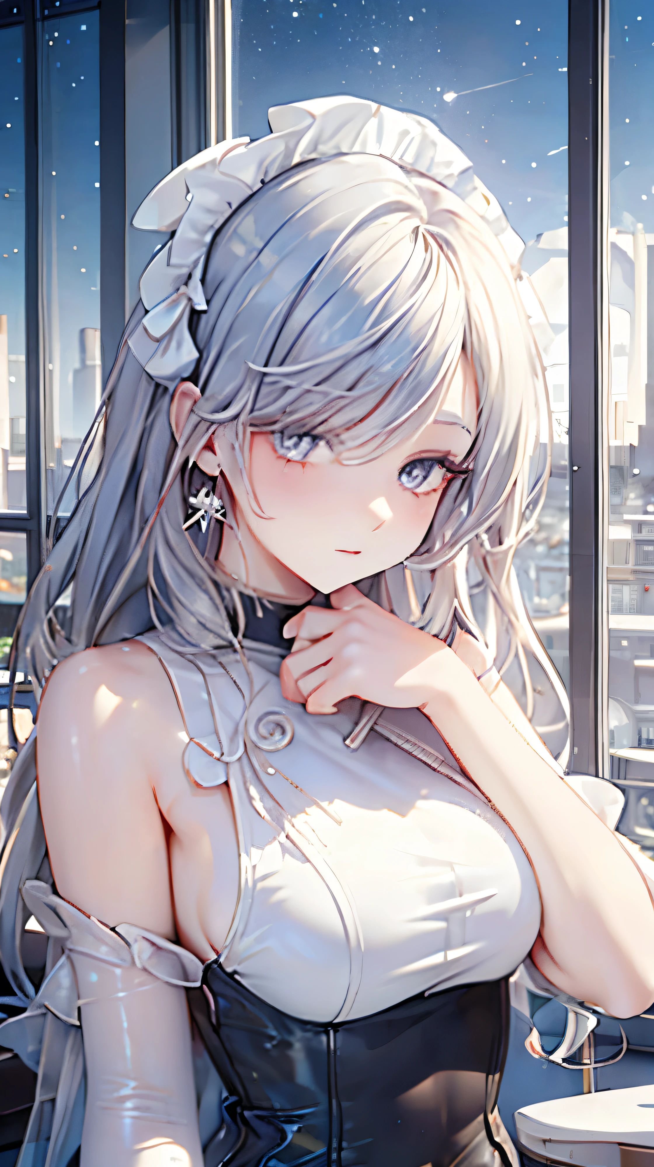 masterpiece, coffee, cafe owner,white hair girl,pale diamond eyes, starry eyes, pale eyes, myth, fantasy, magic, mana, in tower, fantastic , beautyful , cafe background, masterpiece , 8k, ultraquality, magic,nice post , drink coffee, boss, queen personality, trend fashion