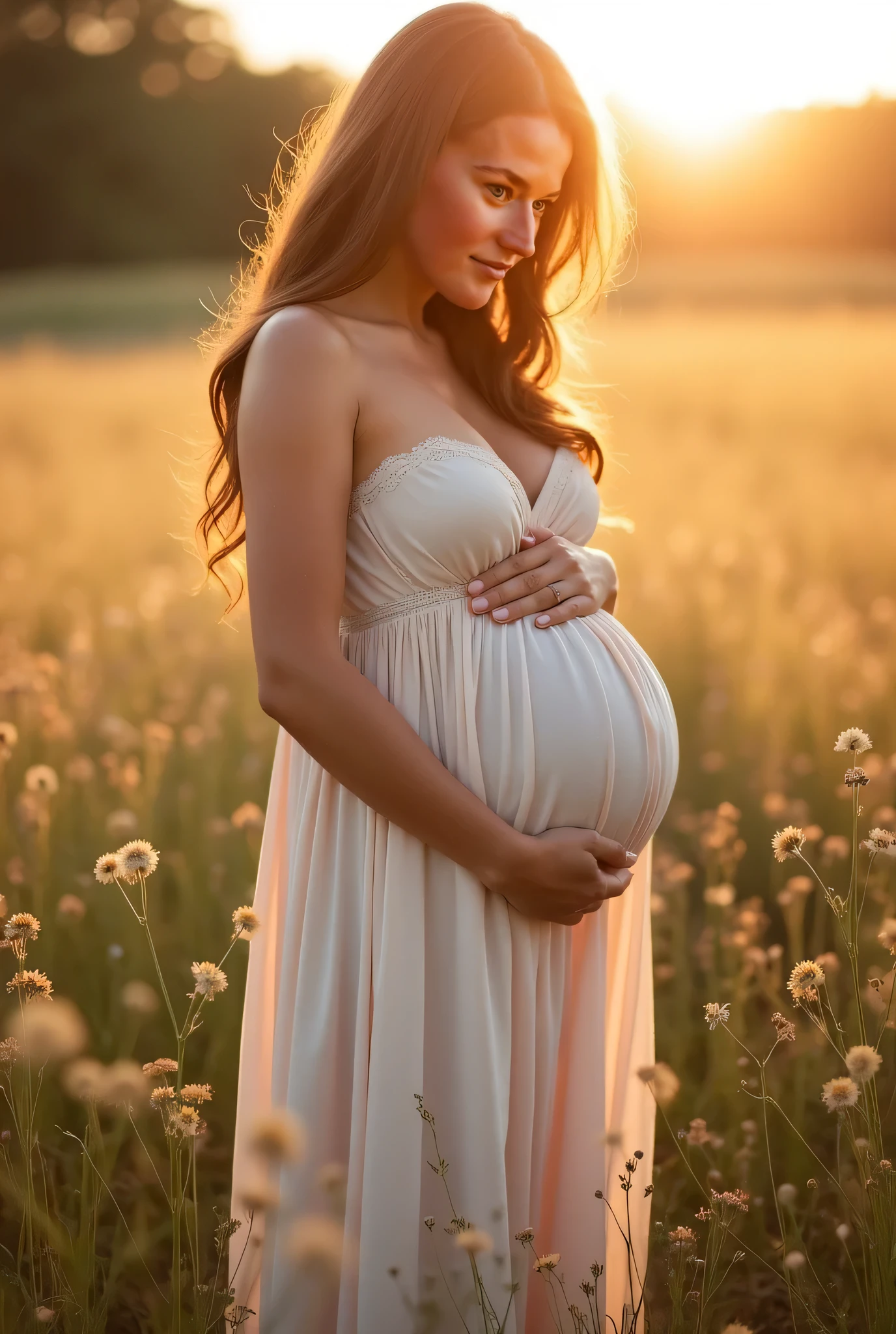 England, 1349. A young pregnant ((((30-year-old)) Gwenda)), strong, rustic, in a farm field between growing Sosnowski's hogweed, ((scared and relieved expression)). ((((clothings from the 1340s)))), ((blond hairstyle of the 1340s))