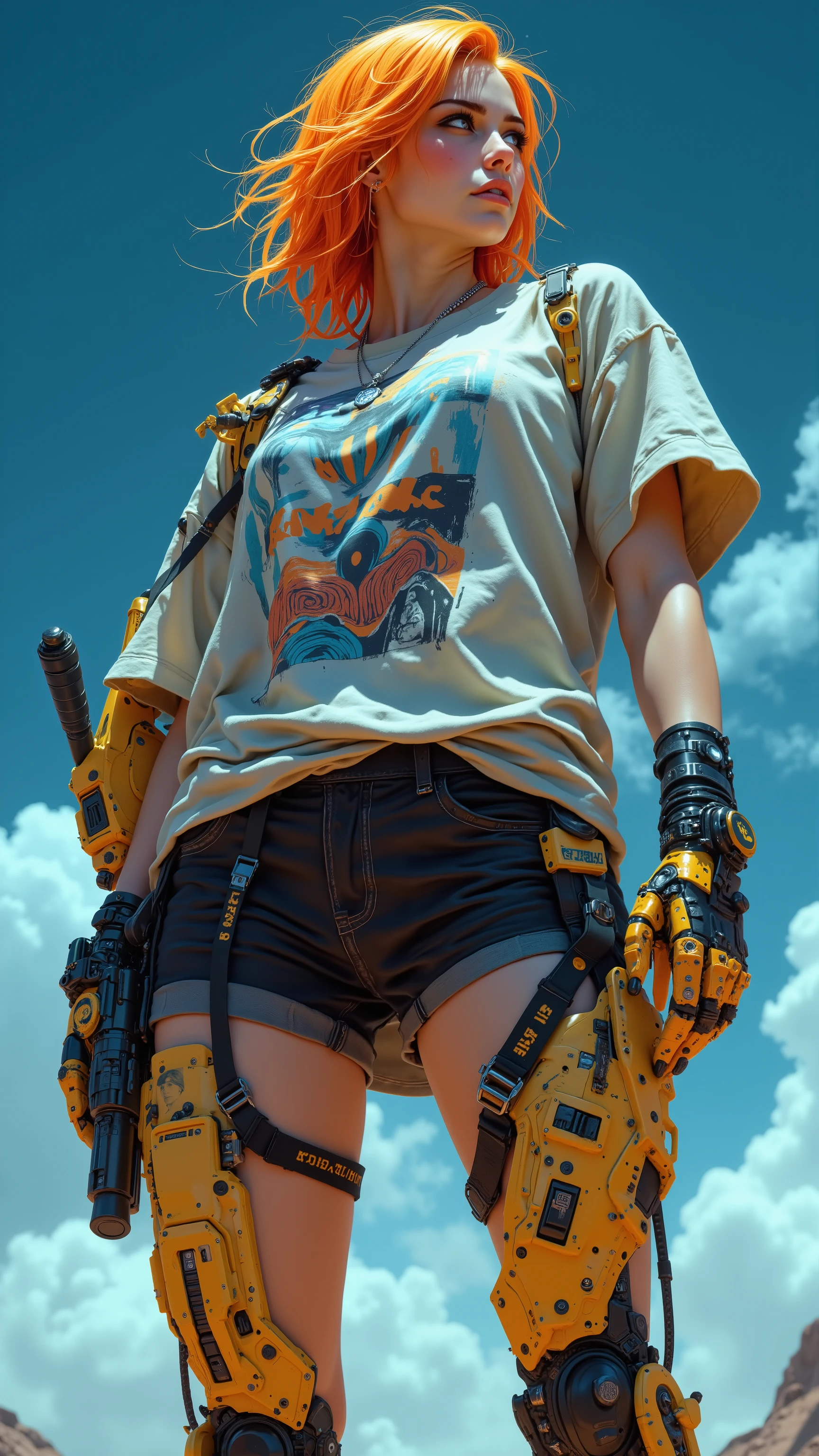 32k, Masterpiece, top quality, (Beautiful Woman) Realistic, Low-angle, upward view. orange hair, casual clothing, oversized shirt, graphic design, dark shorts, robotic leg augmentations, yellow-orange, mechanical joints, attached mechanical arms, futuristic weapon, Deep Sky Blue background, cyberpunk patterns, action pose, dynamic.