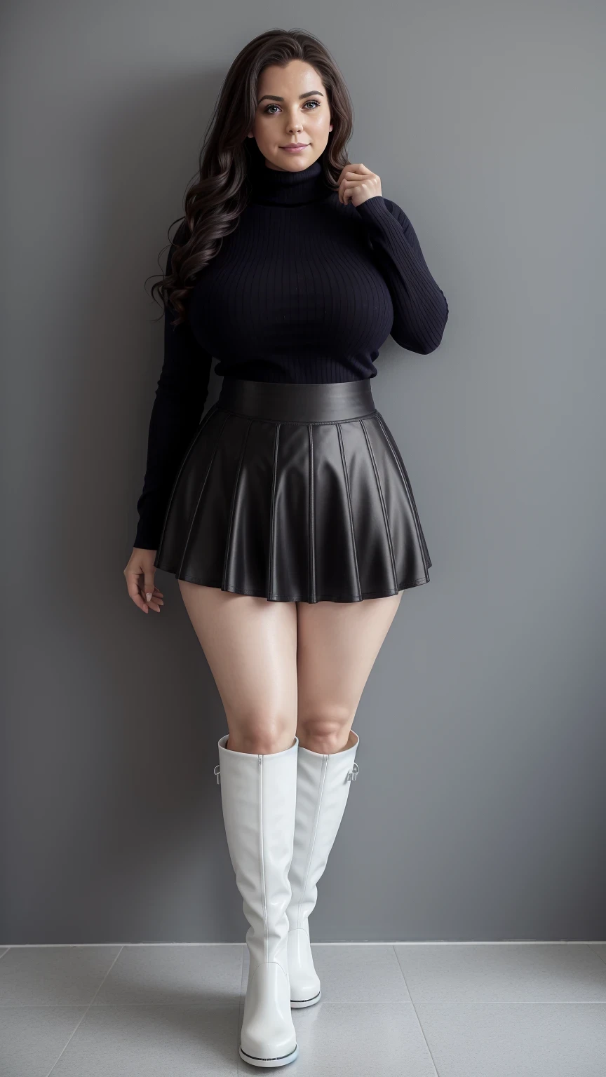 Full body shot of 1 beautiful Izrael 35yo woman , large standing upright in front of a plain white wall wet soapy face ,messy hair,long boots view from above ,one leg up ,up one leg body, voluptuous woman, dark bun messy hair, , turtleneck sweater, scarf, sexy skirt, black tights black pantyhose tempting , dreaming, curvy hourglass figure, oppai proportion, heavy exaggerated proportions short skirt tight skirt pov , TALL, LONG LEGS, MICRO SKIRT