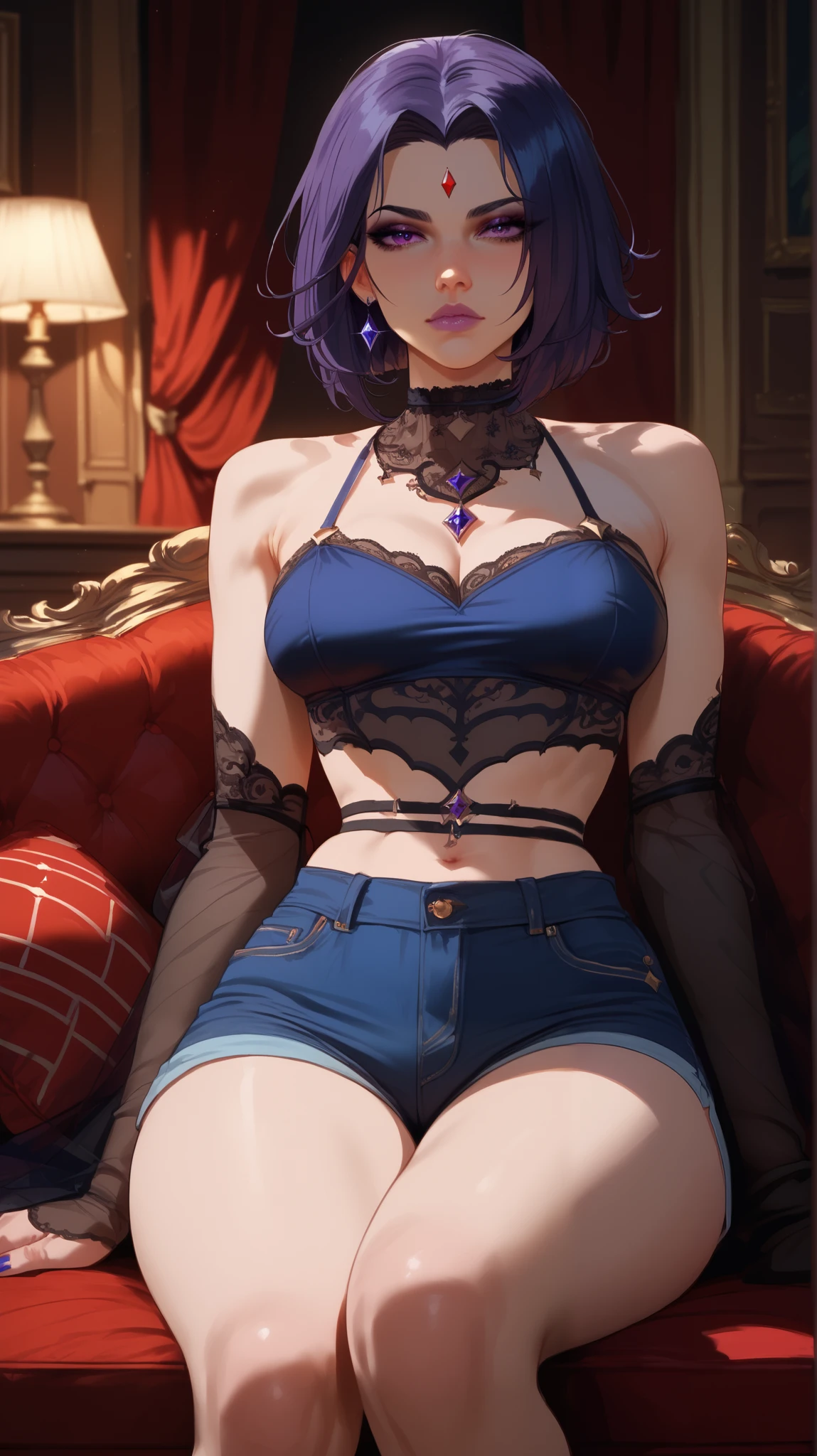 1girl, standing, cameltoe, breasts focus, purple eyes, short hair, straight and slick black hair, parted bangs, large breasts, voluptuous, black lingerie, crystal necklace, castle, masterpiece quality, intricate detail, 4k resolution, ultra hd