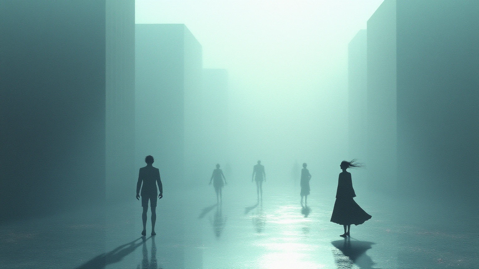 “An intricately surreal scene with a character standing on a shimmering silver street cloaked in soft, ethereal mist. The air is thick yet luminous, creating an otherworldly atmosphere. Surrounding buildings are minimalist, with smooth, reflective surfaces that appear to float effortlessly above the ground, defying gravity.
From the horizon, a pale, diffuse light streams gently through the fog, casting long, diffused shadows. The light is soft and magical, subtly shifting hues between silver, lavender, and pale gold. Shadows of unseen figures appear to dance along the streets, their movements fluid and ghostly, as if performing an eternal waltz.
The character, partially silhouetted, wears a long flowing garment that sways lightly in an imperceptible breeze, enhancing the sense of motion in the stillness. Small, glowing particles, like stardust, float around, creating a dreamy, cosmic ambiance. The scene is infused with tranquility, mystery, and a touch of melancholy, as if frozen in the delicate transition between dream and waking.”