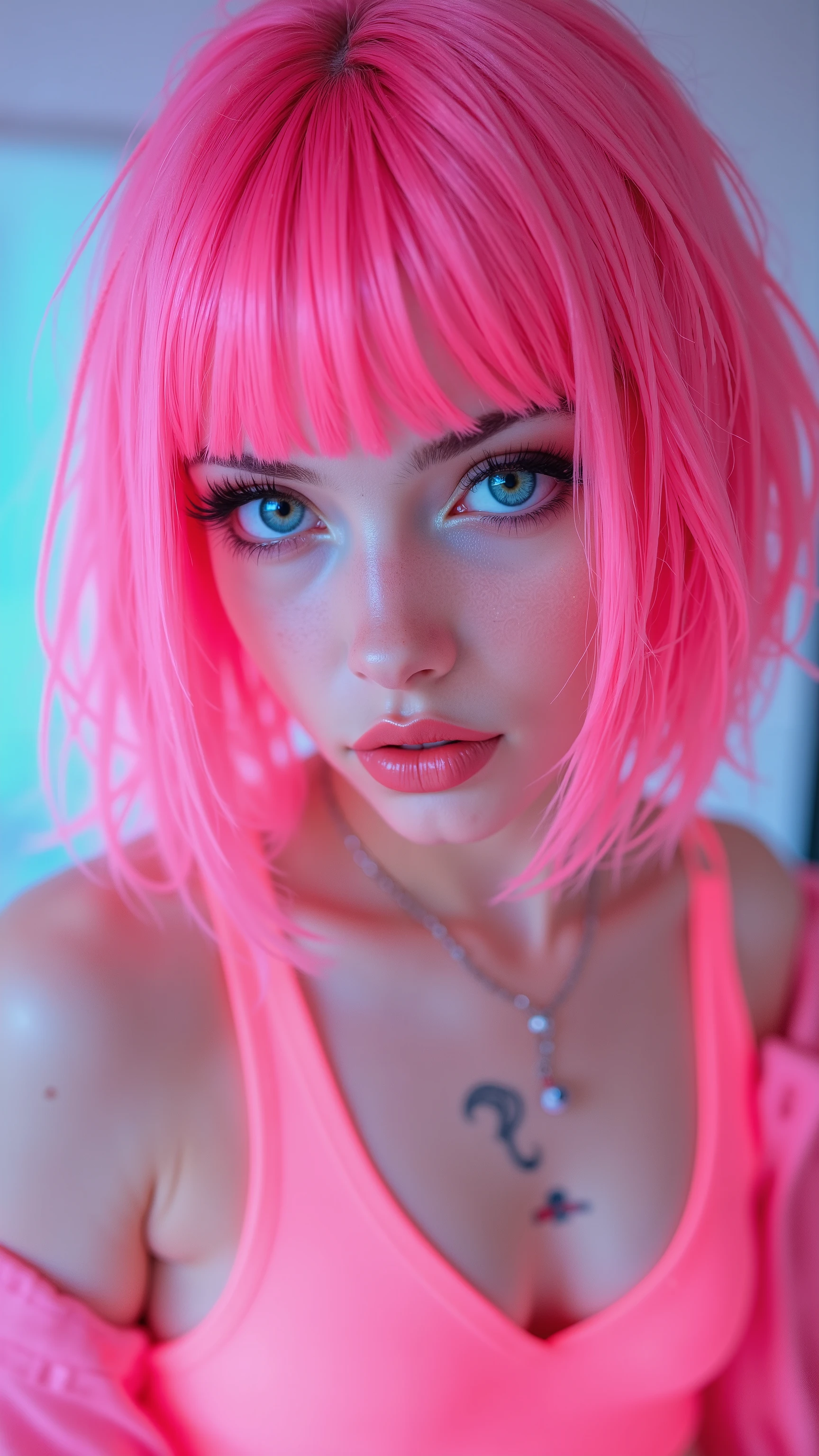 32k, Masterpiece, Top Quality, (Beautiful Women)  vibrant pink hair, blue eyes, shoulder-length bob haircut, bangs, ethereal glow, soft lighting, pale skin, coral lipstick, delicate features, neon pink top, minimalist necklace, chest tattoo, dreamy atmosphere, intense gaze, portrait, high-fashion look, pastel color palette