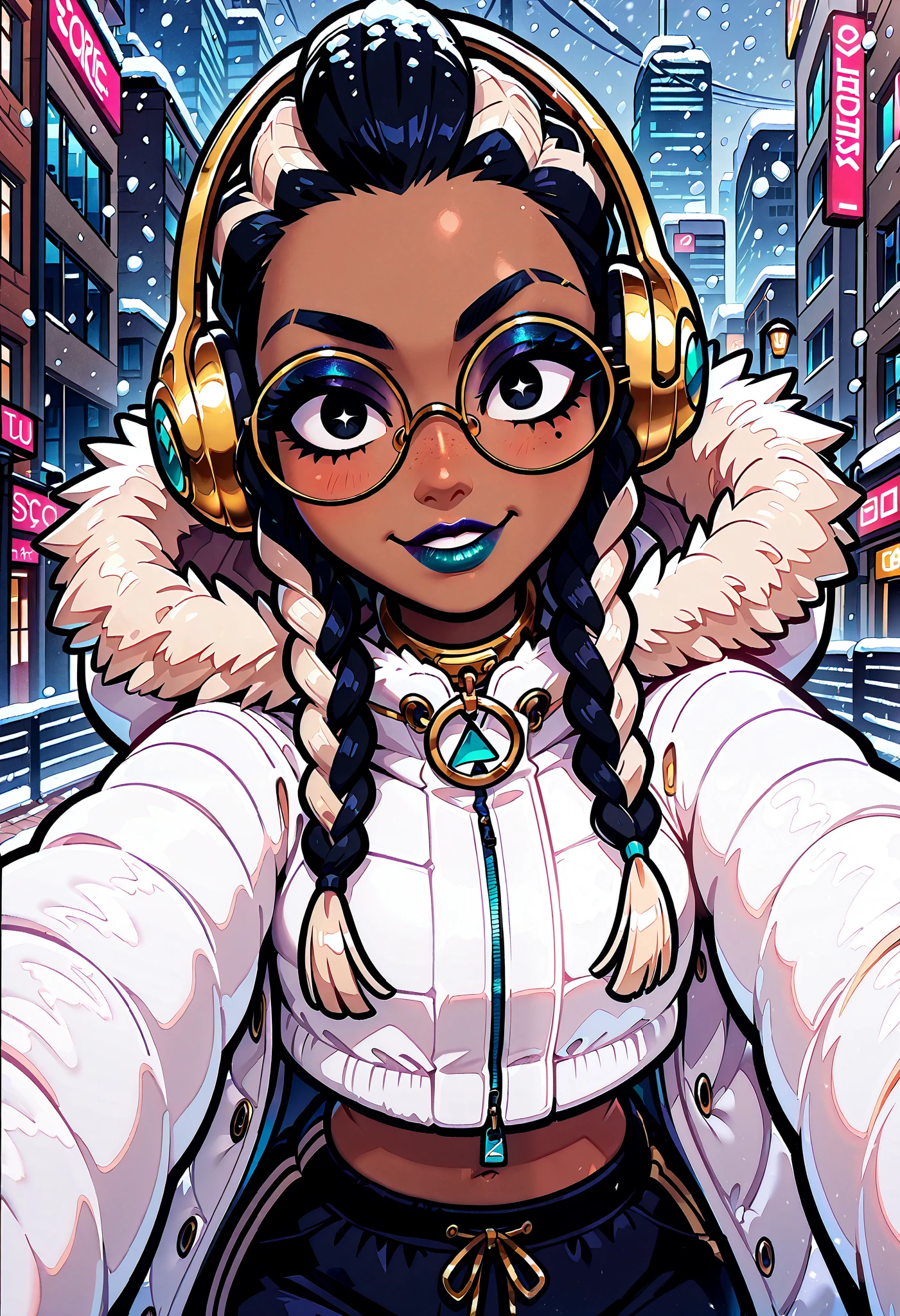 (masterpiece), 1girl, solo, best quality, expressive eyes, perfect face, newest, perfect anatomy, flawless face, dark skinned African female with cornrow braids and glasses, multicolored hair, white puffer coat with fur trim hood, collar, blue sweatpants, gold headphones, makeup, lipstick, looking at viewer, smiling, pov from front, blonde and black hair, two-tone hair, in the city, snowing