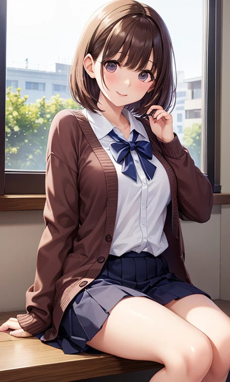 (Highest quality, High resolution, Masterpiece, 4K), (Soft light、Luster of hair、Beautiful eyes)、young woman、The whole body is visible、A begging smile ((Wavy medium short hair, bangs, Chestnut Hair)), ((Wistful eyes、Gray Eyes, Perfect Eyes)), ((Detailed face, blush:1.1)), ((Smooth texture:0.75, Realistic texture:0.65, Realistic:1.1, Anime CG Style)),Medium chest、Glamorous Body、(Sexy thighs、I see beautiful legs)、 (Navy pleated mini skirt,Light brown cardigan),Earrings、Angle from the front、Peeking into this、Pants in skirt visible、The hem of the shirt comes out、Angle from below