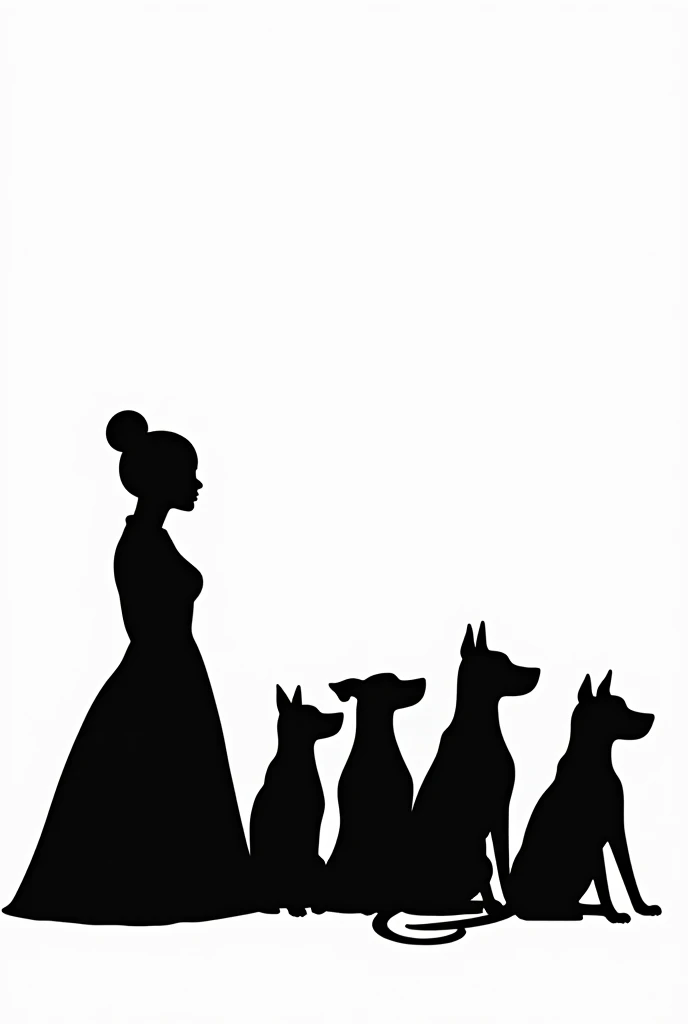 Black silhouettes on a white background , in a row , Of a woman in profile with her hair tied up and 5 different dogs sitting. Very stylized images