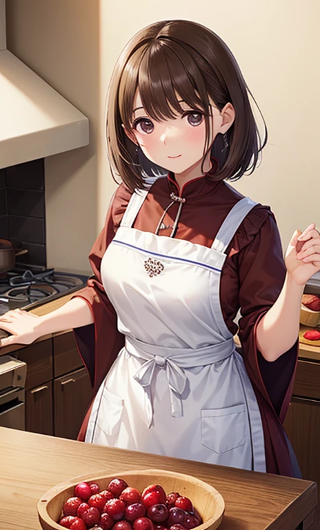 ((Tabletop, Highest quality, High resolution, , Pixel Perfect, 4K,))), One beautiful woman, private teacher、The whole body is visible、 ((Mid-wave hair, bangs, Brown Hair)), ((Brown eyes, Beautiful eyelashes, Realistic eyes)), ((Detailed face, Blushing:1.2)), ((Smooth texture:0.75, Realistic texture:0.65, Realistic:1.1, Anime CG Style)), Medium size chest, Dynamic Angle, Perfect body, (( , ,  、White frilly apron, No bra、))、Cooking in the kitchen、、I can see all your pants、Very embarrassing panic smile, 、、、、(Pink floral lace panties are visible、)、Angle from below)、