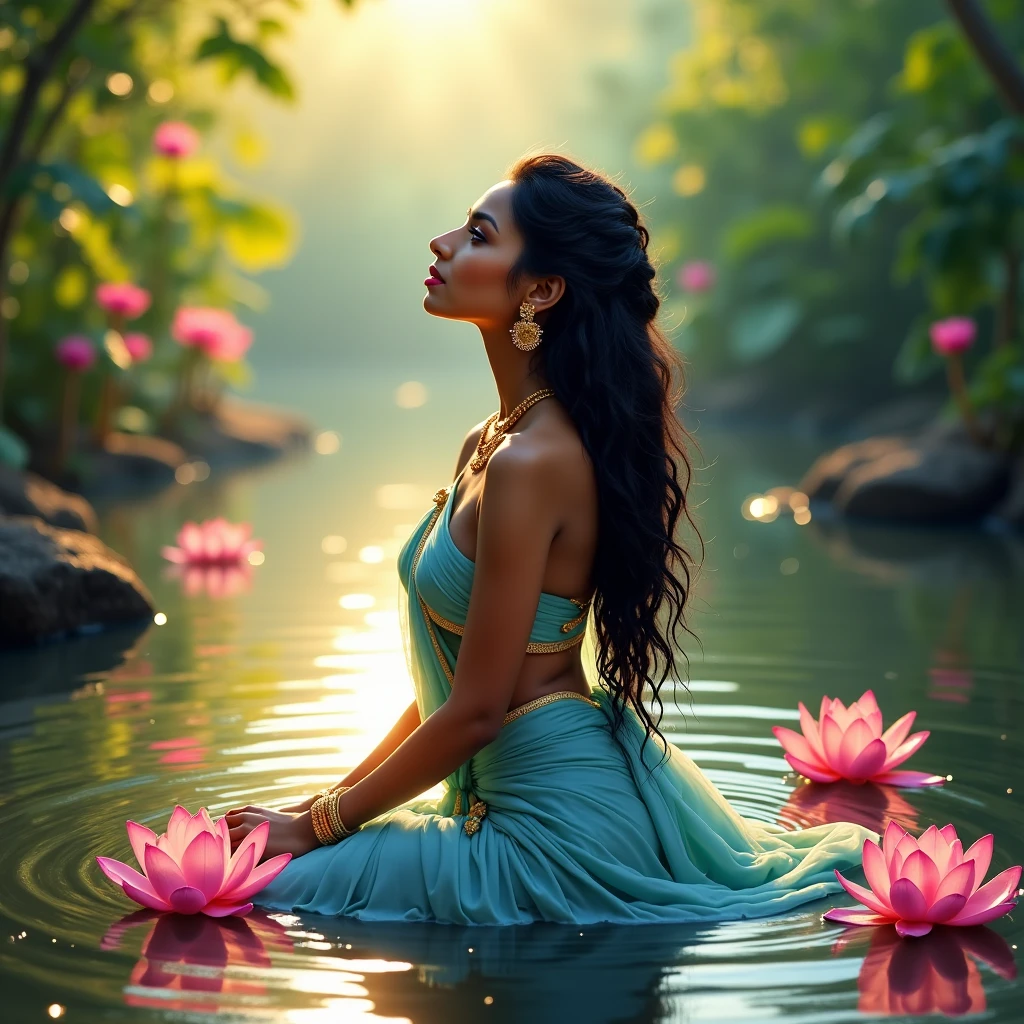 In the garden of heaven there is a beautiful and sweet young woman with long black hair, a white and pink silk sling around her arm, wearing a long white and gold skirt, a white and gold Thai dress, beautiful and magnificent jewelry, meditating, quietly with a pavilion in the middle of the garden, a blue pond, Bloom Color Aura glowing and sparkling, a 3D oil painting, clear image, the art of Ajarn Chalermchai, movie level.