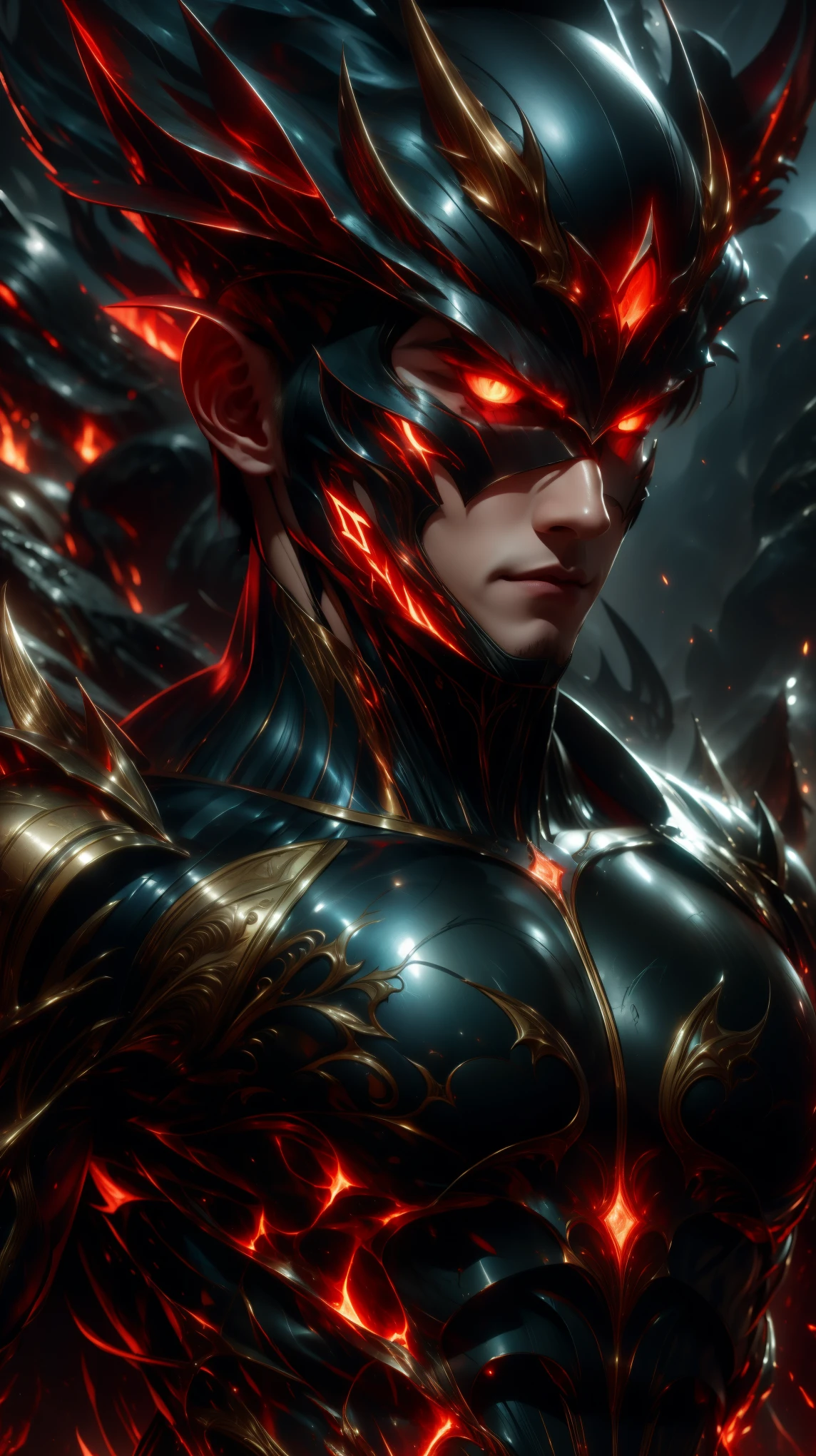 best quality, high resolution, unity 8k wallpaper, (illustration:1.0), beautiful detailed, extremely detailed, perfect lighting, extremely detailed CG,glowing eyes, ,armor,full_armor,warframe,horns, fake horns, blue eyes, global ray tracing,large breasts, looking at the viewer,solo,perspective