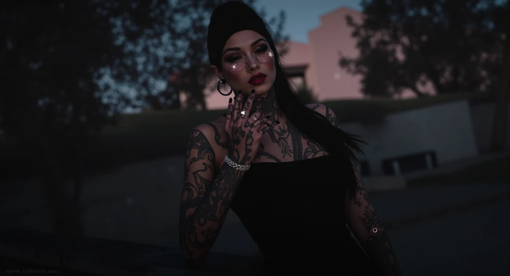 mujer diablita pelo cafe corto, Fondo negro con luna roja.