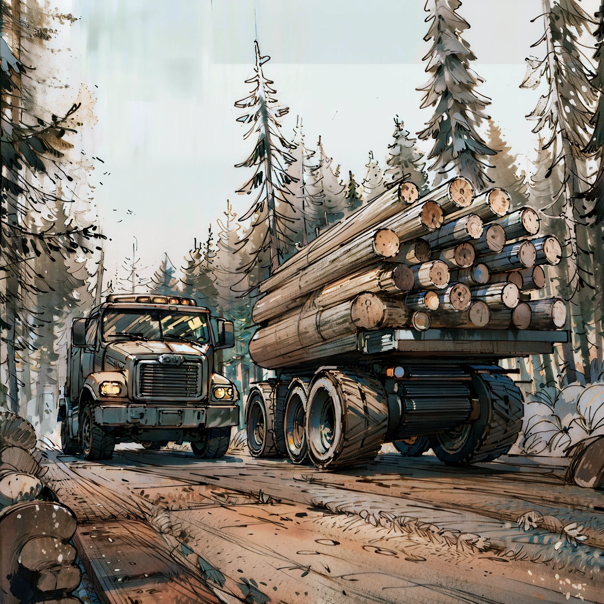 there are two trucks that are hauling logs down the road, forestry, deforestation, stock photo, heavy forest outside, heavy forest, lumberjack, big trees, wooden logs, istock, cleared forest, forest clearing, stock image, truck, shutterstock, photo shot, cut, the photo shows a large, portrait of a big, forest clearing landscape, boreal forest
