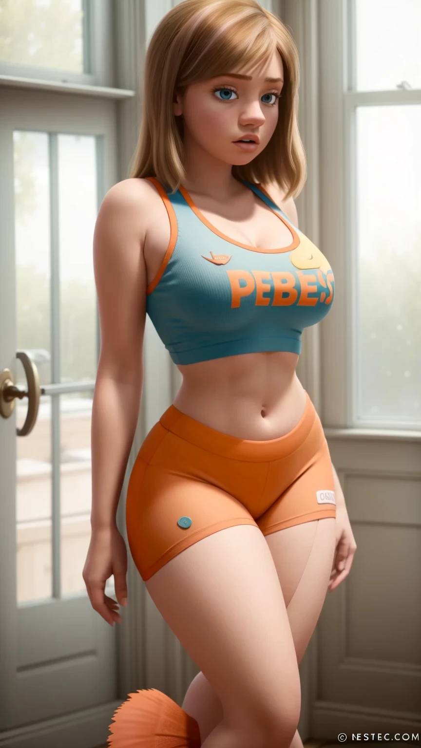women, ((masterpiece, Best Quality)), full body view, bursting very giant breasts, slim, very fat legs, Wide hips, detailed skin, Riley Andersen as a hooters girl, mermaids white and orange tight clothing, Bermuda, fitted crop top, Very detailed, cinematic lighting, ultra realistic, blush, looking at the viewer, Riley Andersen from the movie Inside Out
