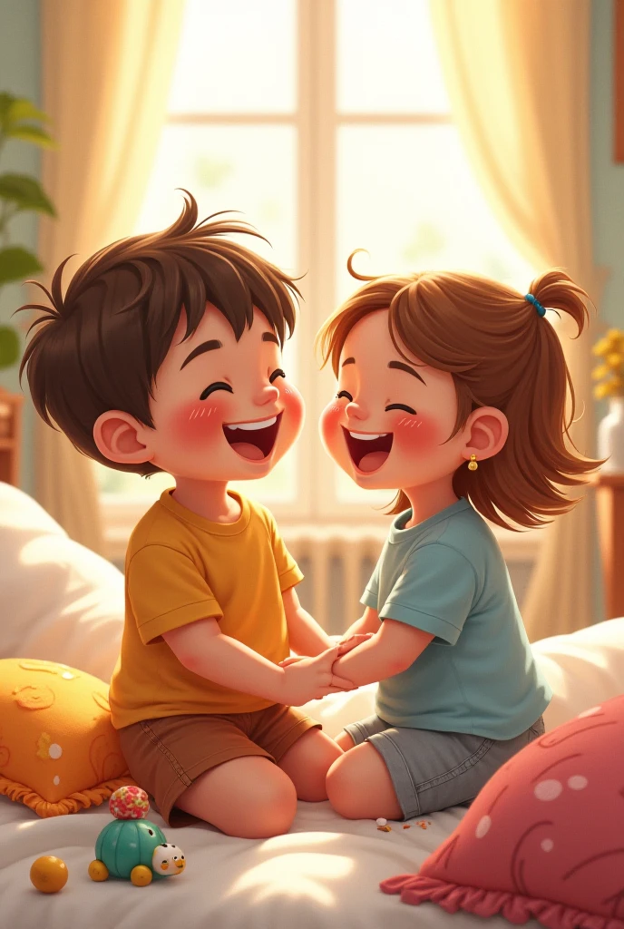 A boy lying on the floor laughing and a girl laughing next to him