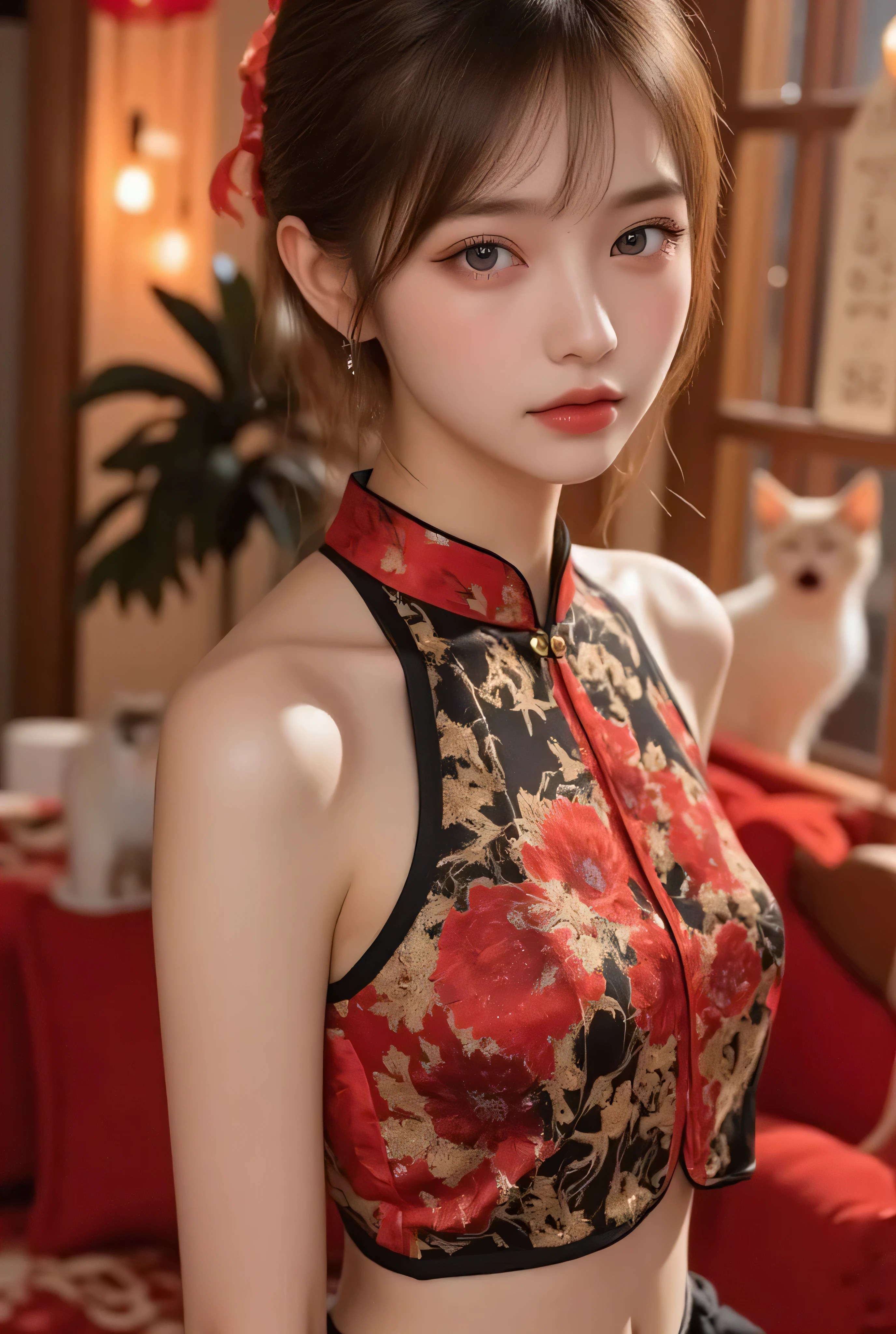 Cat ears、 face up、attractive, pretty girl, ponytail、 (( fine facial features , eroticism)), dramatic lighting , realistic , 8k, Dramatic Shadows , intricate and elaborate patterns , super detailed photo , chiaroscuro lighting , Pleasant colors , deep contrast , super real 、few pretty chinese girl hair accessories, pink lipstick、 warm room、Vintage Fireplace 、 cinematic composition、Close-up of face, A beautiful Korean idol wearing a red-black-gold some part black-transparance sexy short cheongsam with golden or silver intricate floral embroidery, standing gracefully in a room filled with traditional Chinese New Year decorations. The room features vibrant red lanterns, decorative calligraphy scrolls, a small Chinese orange tree with golden ornaments, and several red envelopes scattered across the floor and hanging from the tree. Adorable, playful cats are part of the scene—some sitting near the tree, others curiously pawing at the red envelopes or lounging around. Through a window or an open door in the background, vibrant Chinese fireworks light up the night sky in an array of reds, golds, and blues, casting a magical glow into the room. The idol’s outfit is paired with subtle accessories like red hairpins or earrings, complementing the festive look. The atmosphere is warm and lively, filled with the joyful essence of the celebration, enhanced by the shimmering lights of the fireworks and the lively decor.